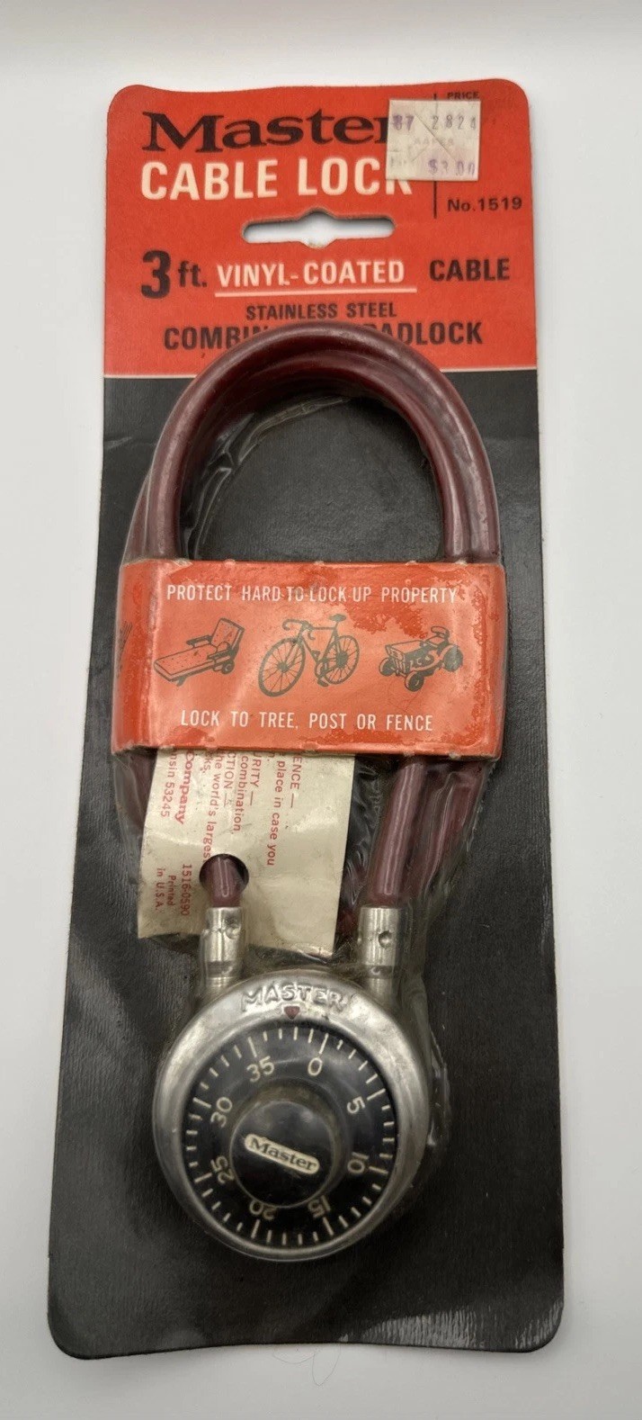 Master Lock 1519 3′ Vinyl Coated Cable Stainless Steel Combination Padlock NOS