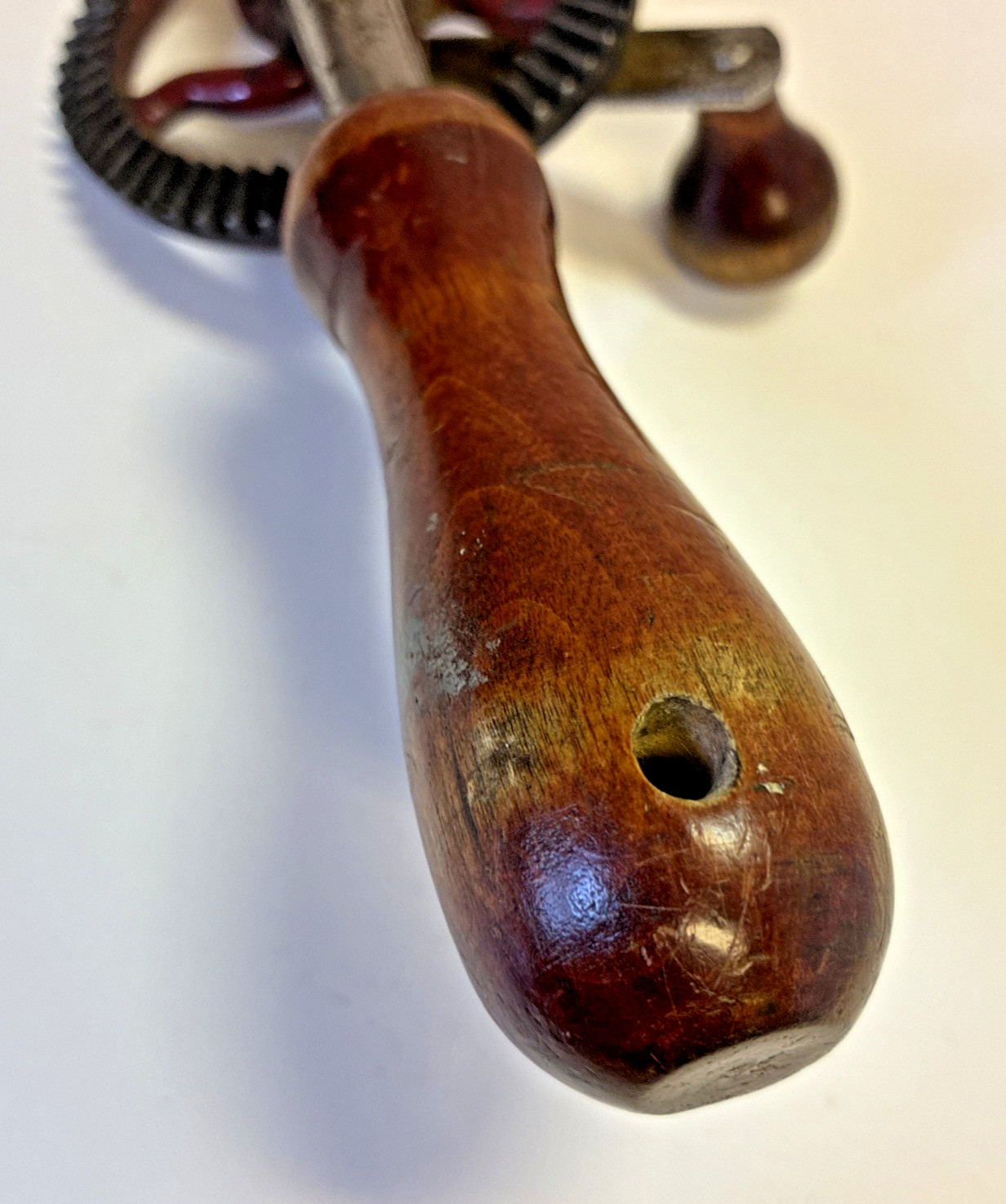 Vintage Hand Drill Wood Handle Eggbeater Style – Unmarked Manual Red Gear Drill