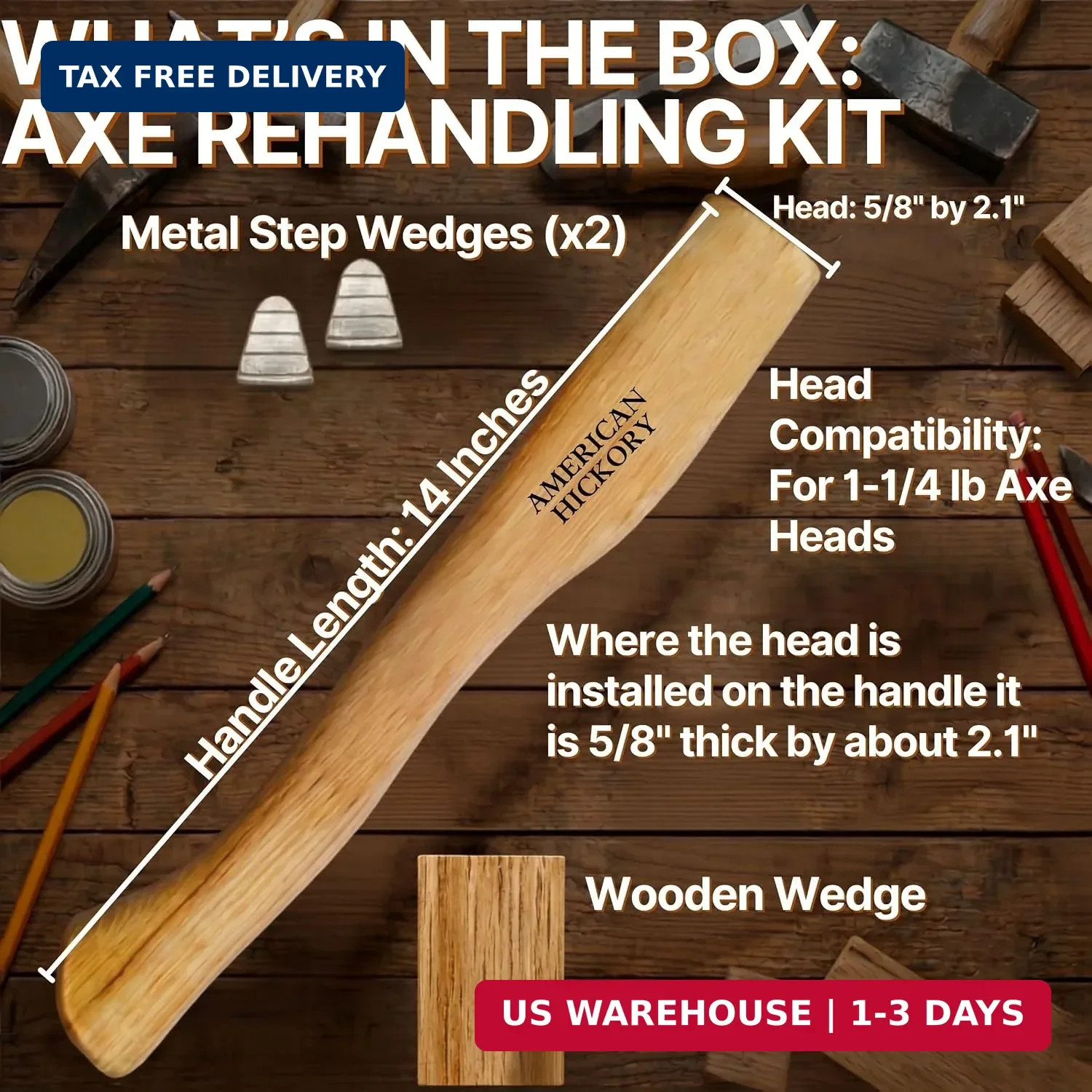 American Hickory Axe Handle 14″ Replacement with Wood & Steel Wedges for 1.25lb