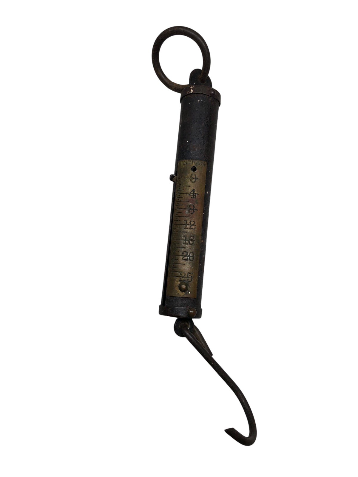 9″ Vtg Antique Chatillon 25 Lbs Pounds Hanging Steel Scale, Brass Weight Plate