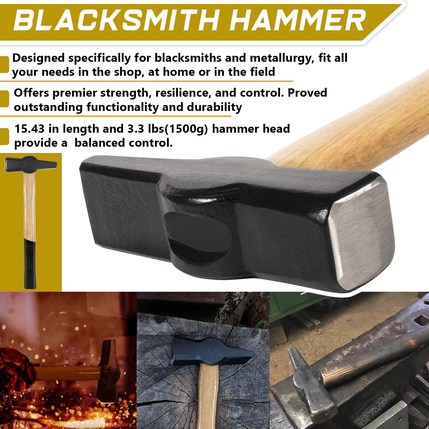 17” V-Bit Bolt Tongs & Blacksmith Hammer Kit 1.5KG (3.3LB) Knifemaking Tools Set