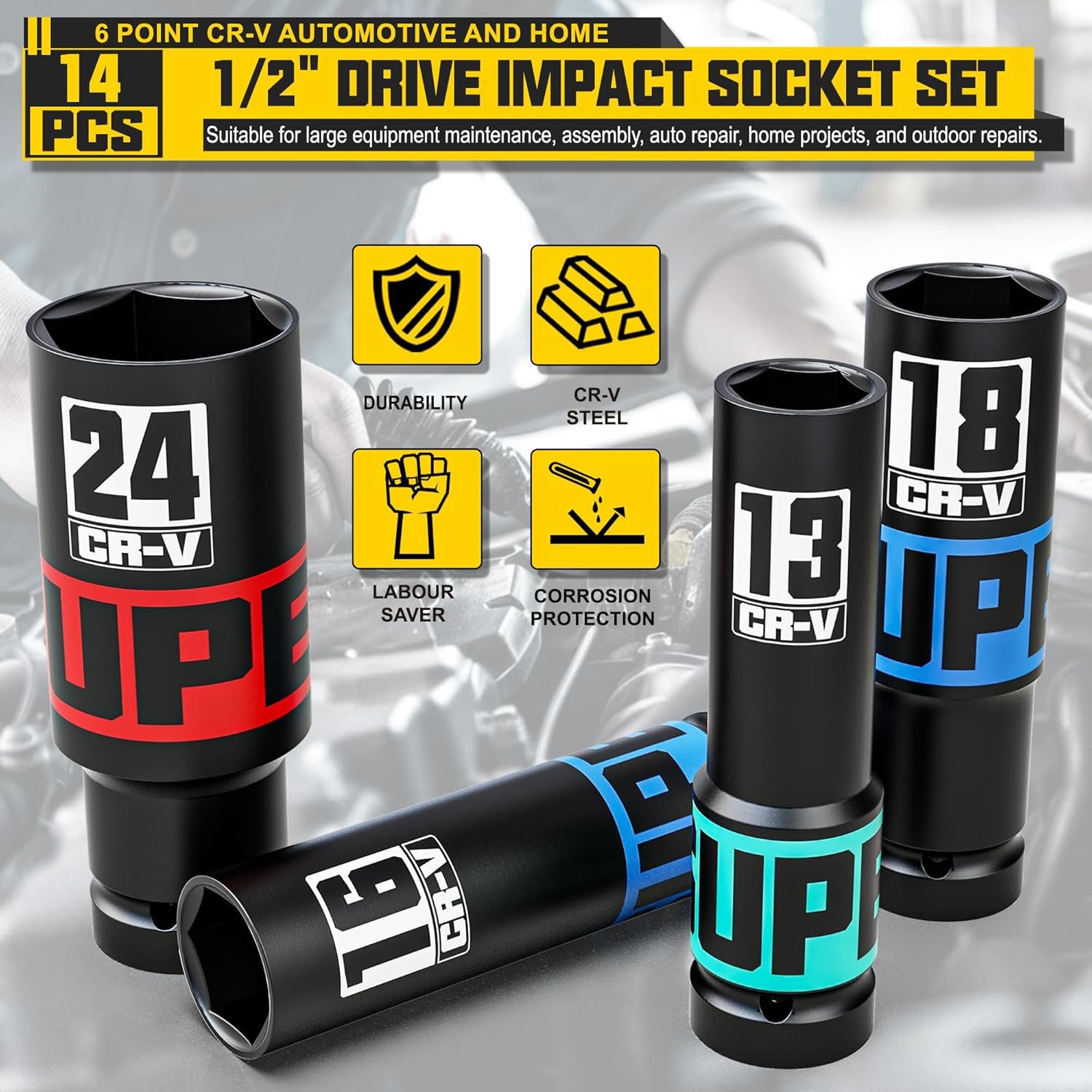 14-Piece 1/2″ Drive Impact Socket Set, 10-24mm Thicker Deep Sockets with Storage