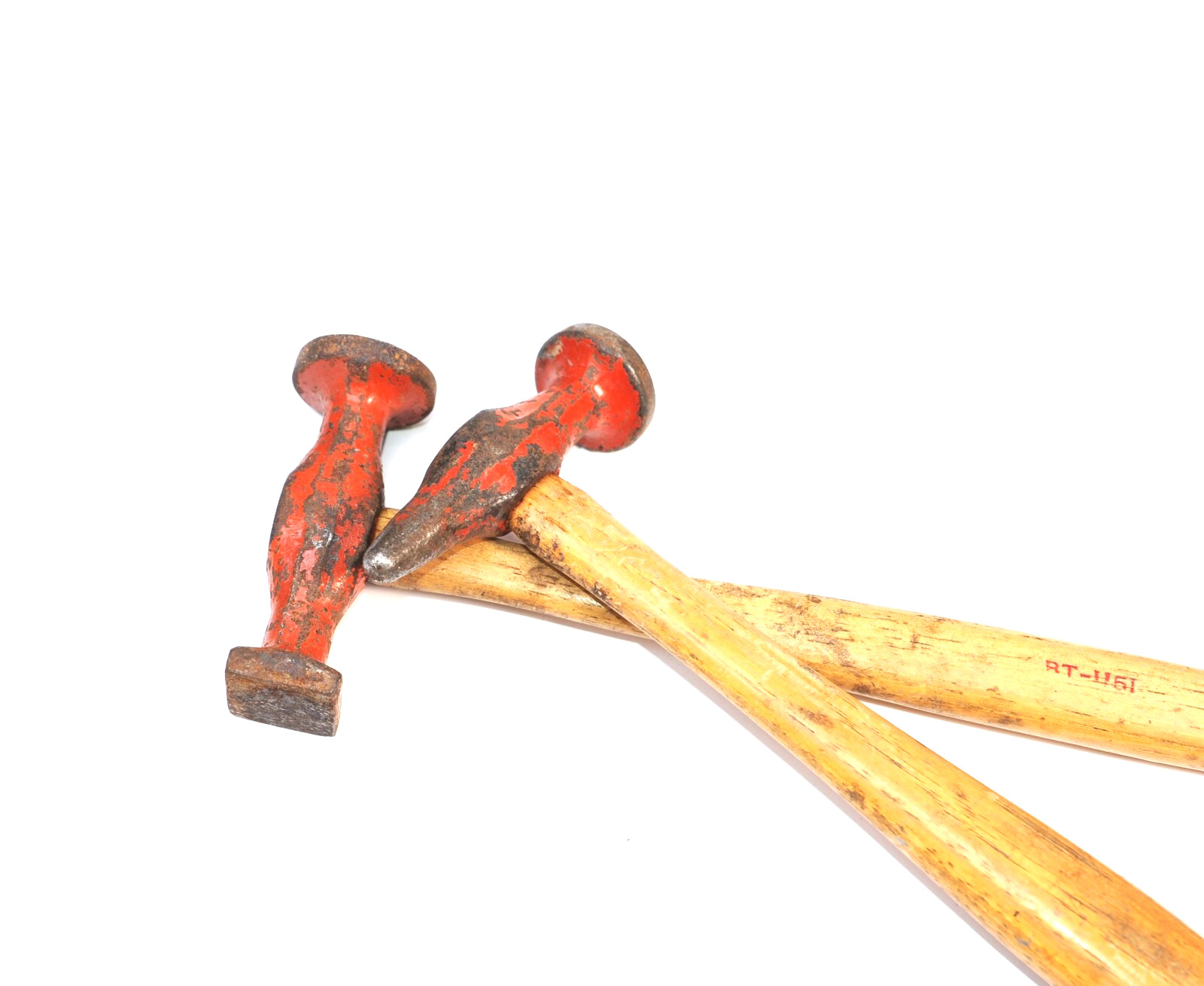 TWO VINTAGE PANEL BEATING HAMMERS DOUBLE ROUND/SQUARE POINTED FACE