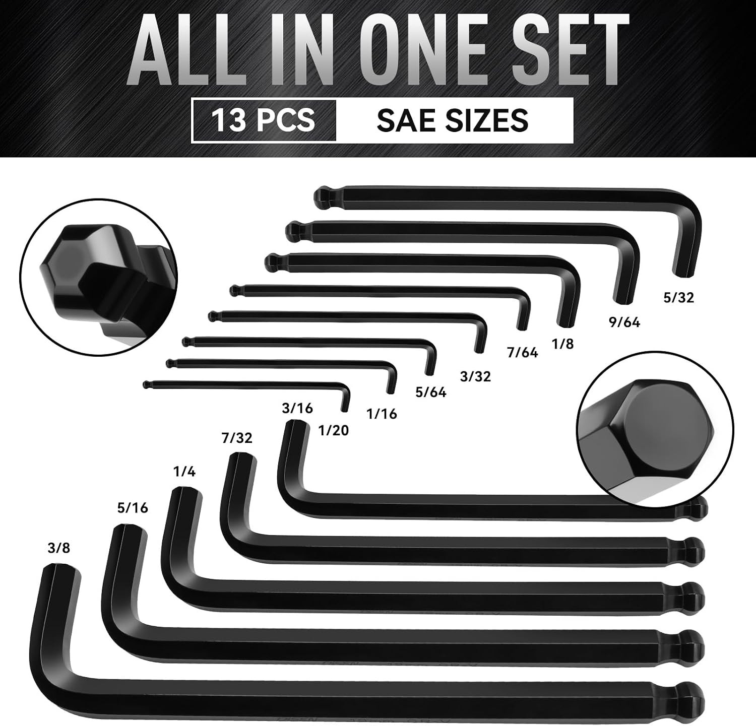 26 Pieces Metric & SAE Size Hex Key Allen Wrench Set with Ball End, 1.27-10 MM &