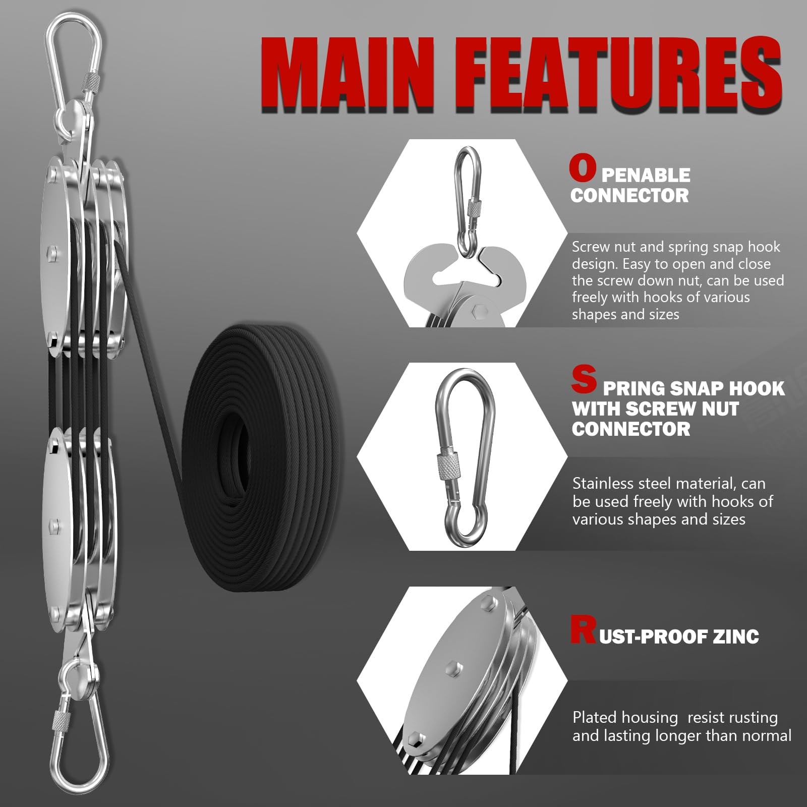 YATOINTO Upgraded Rope Hoist Pulley System, 530LB 530LBS(65FT), Black