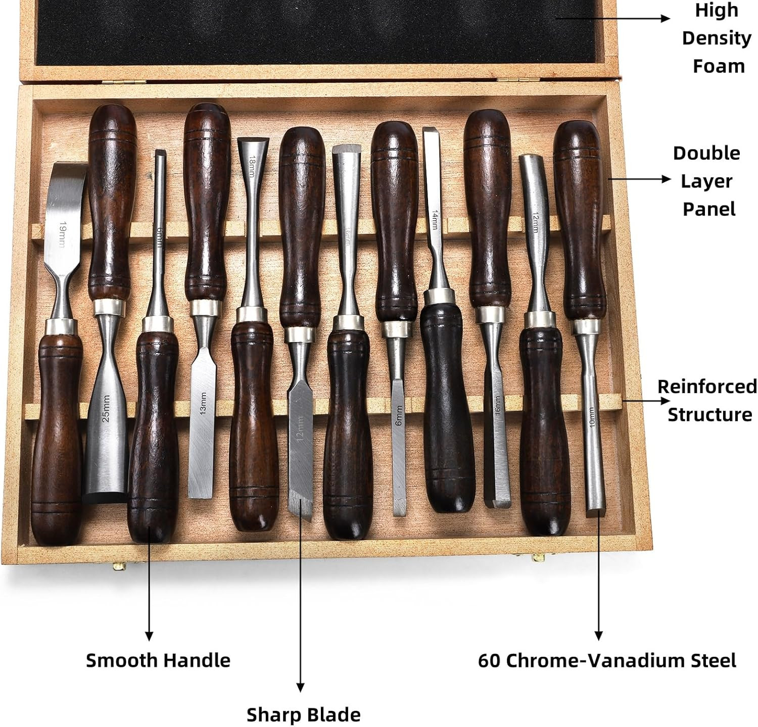 12 Pieces Wood Chisel Set, Woodworking Carving Tools with Wooden Box, CR-V Steel