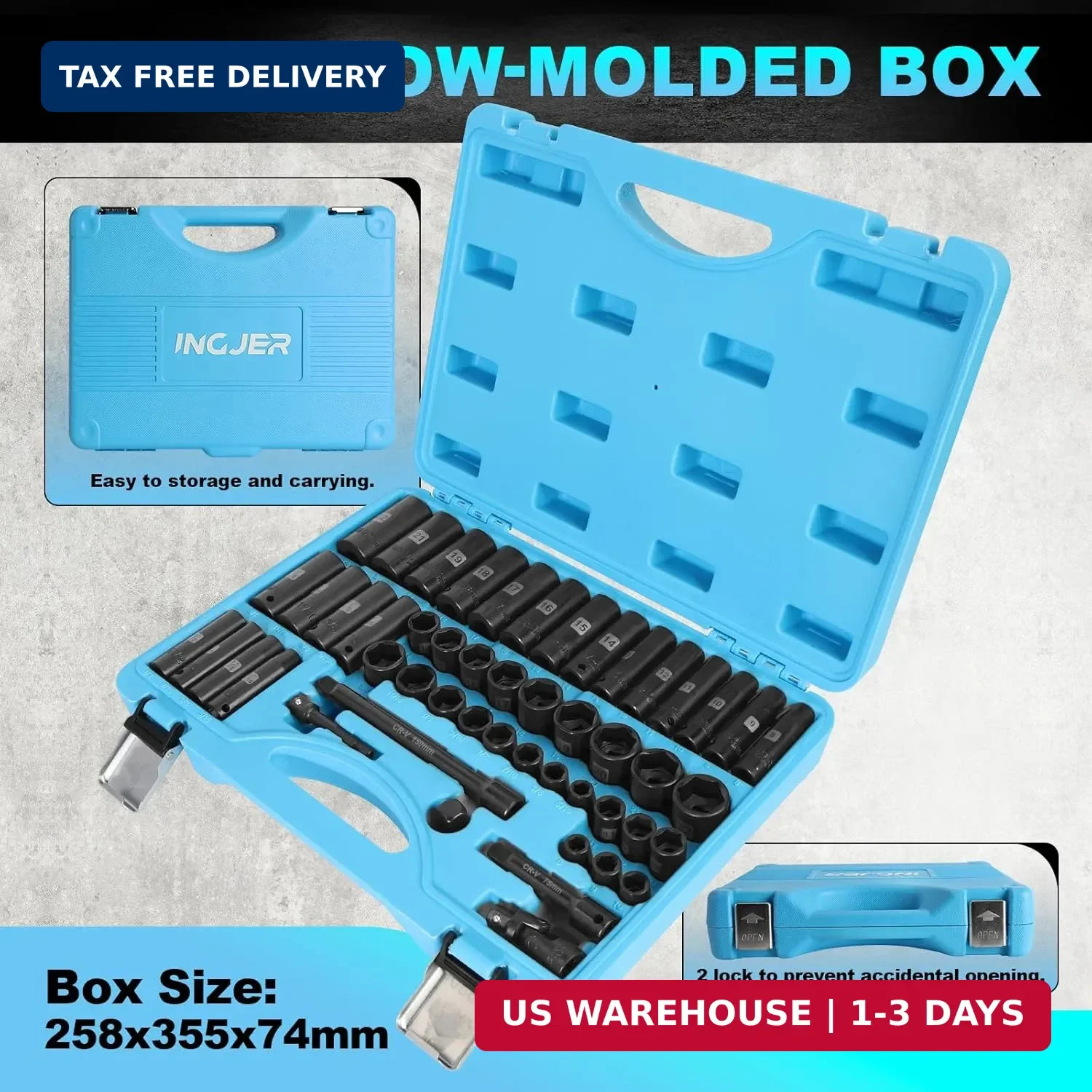3/8 Impact Socket Set, 50 Piece SAE and Metric Set, Standard SAE (5/16 to 3/4 in
