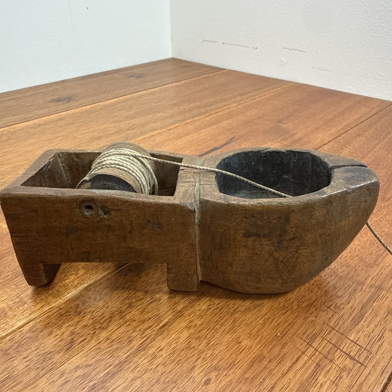 JAPANESE Traditional Carpenter Tool Primitive Ink Pot Chalk Line Carved Wood VTG