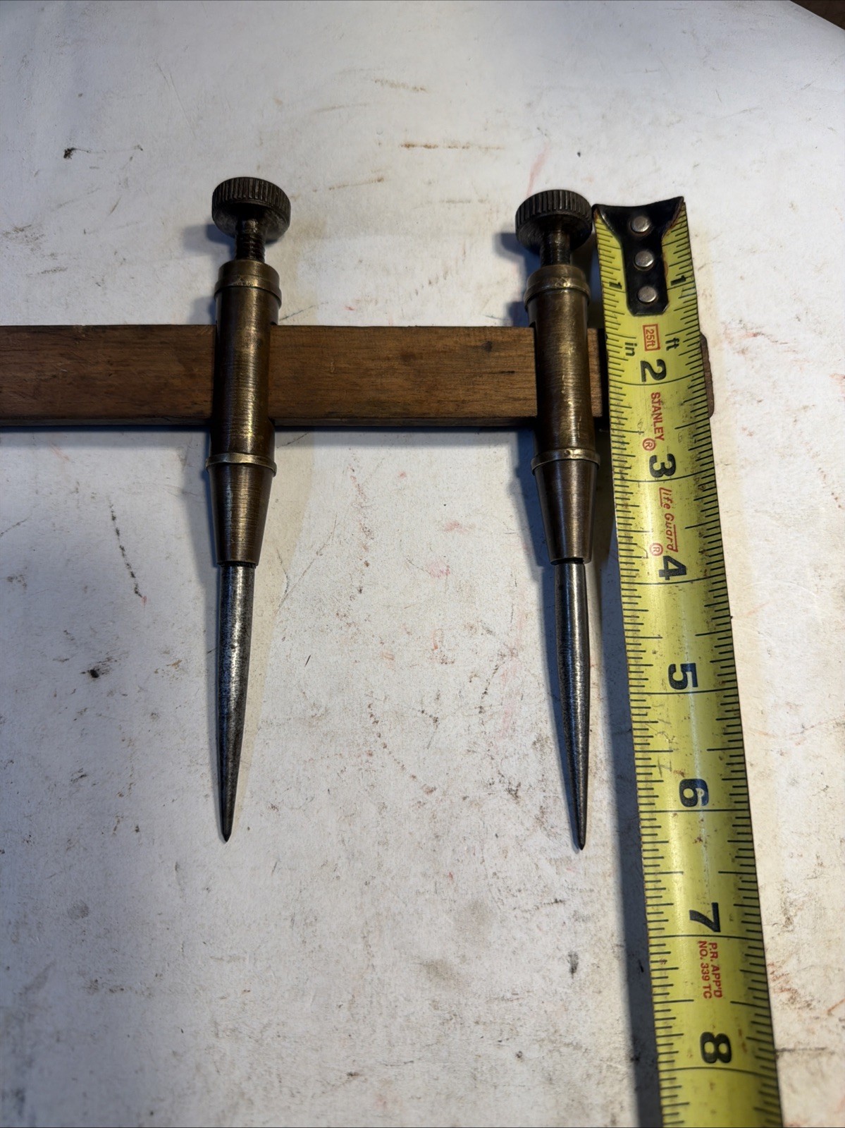 Pair Of Vintage 6 1/4” Trammel Points Unmarked Steel Points hand made NICE Brass