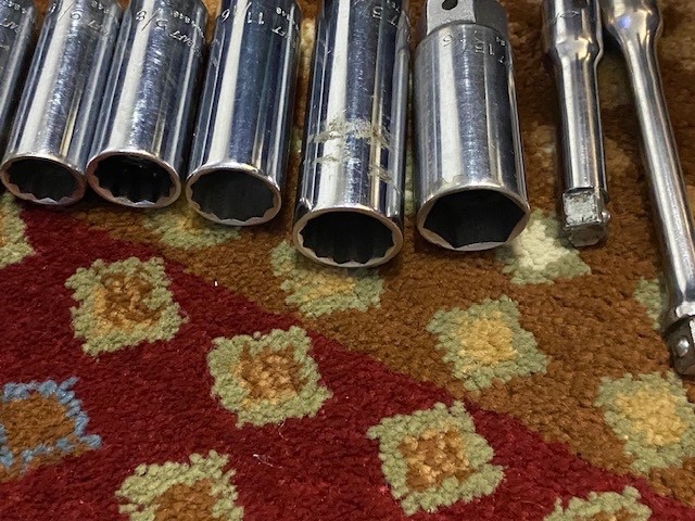 Lot of 20 Powr-Kraft 1/2″ & 3/8″ Dr 12 Pt Deep Well Sockets & Extensions
