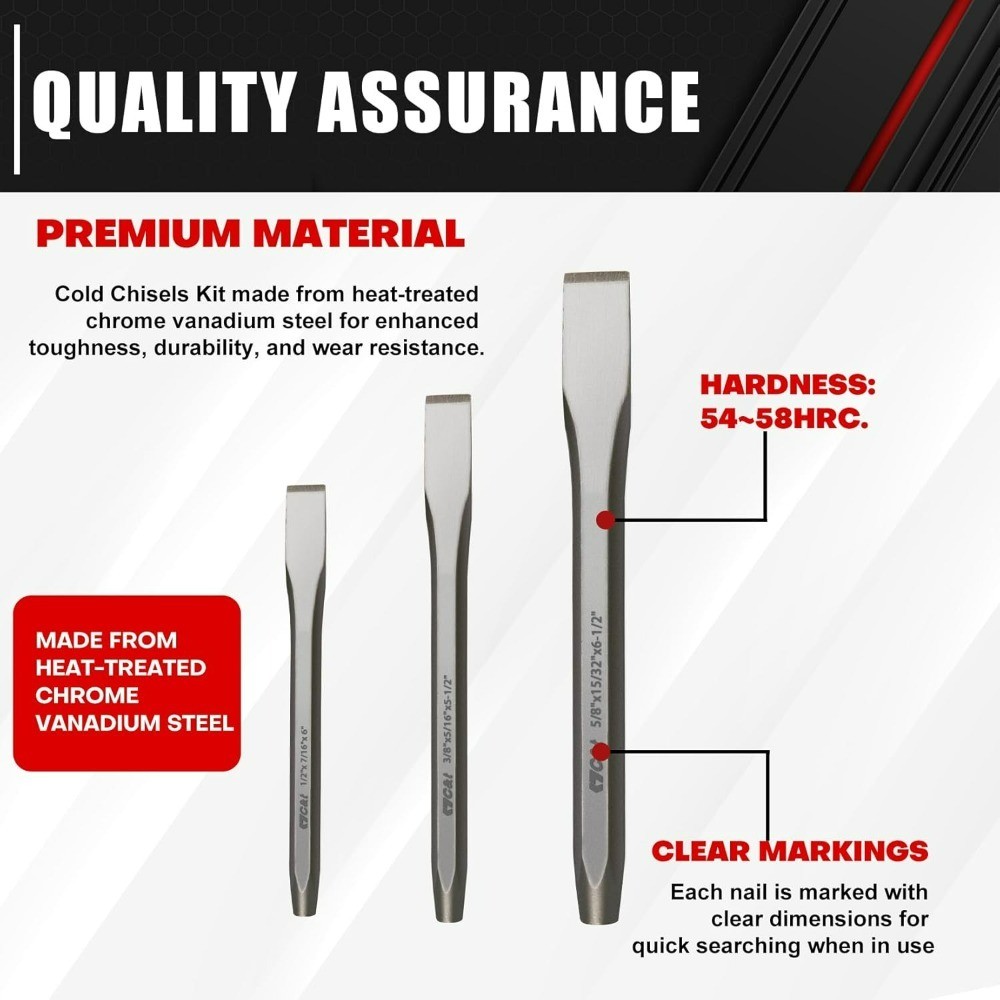 Heavy Duty Cold Chisel Set 3-Piece All Purpose for Metal Wood Masonry 3/8 1/2