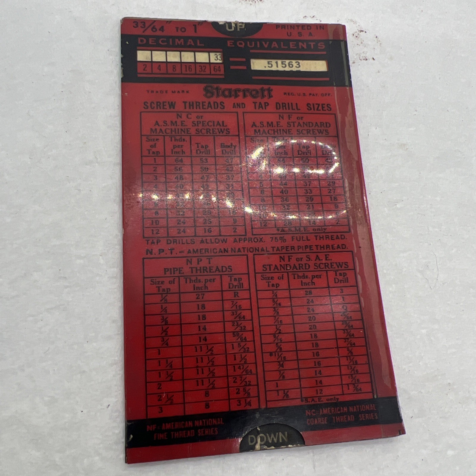 VINTAGE STARRETT DECIMAL EQUIVALENT & TAP DRILL SIZES POCKET CHART