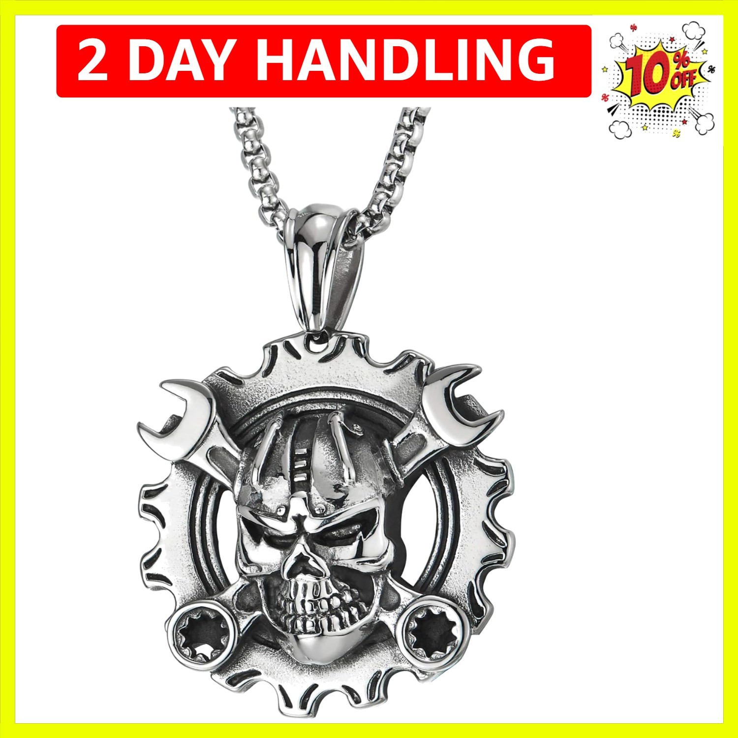 Mens Steel Vintage Mechanic Wrench Gear Wheel Skull Pendant Necklace 30 in Wh…