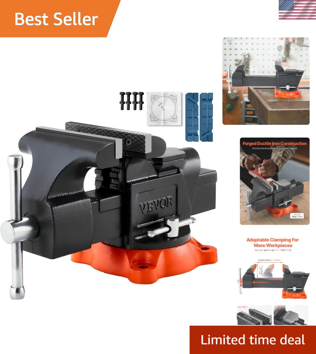 Durable Ductile Iron Bench Vise, 5″ Jaws, 4496 lbs Clamping Strength & Pipe Jaws