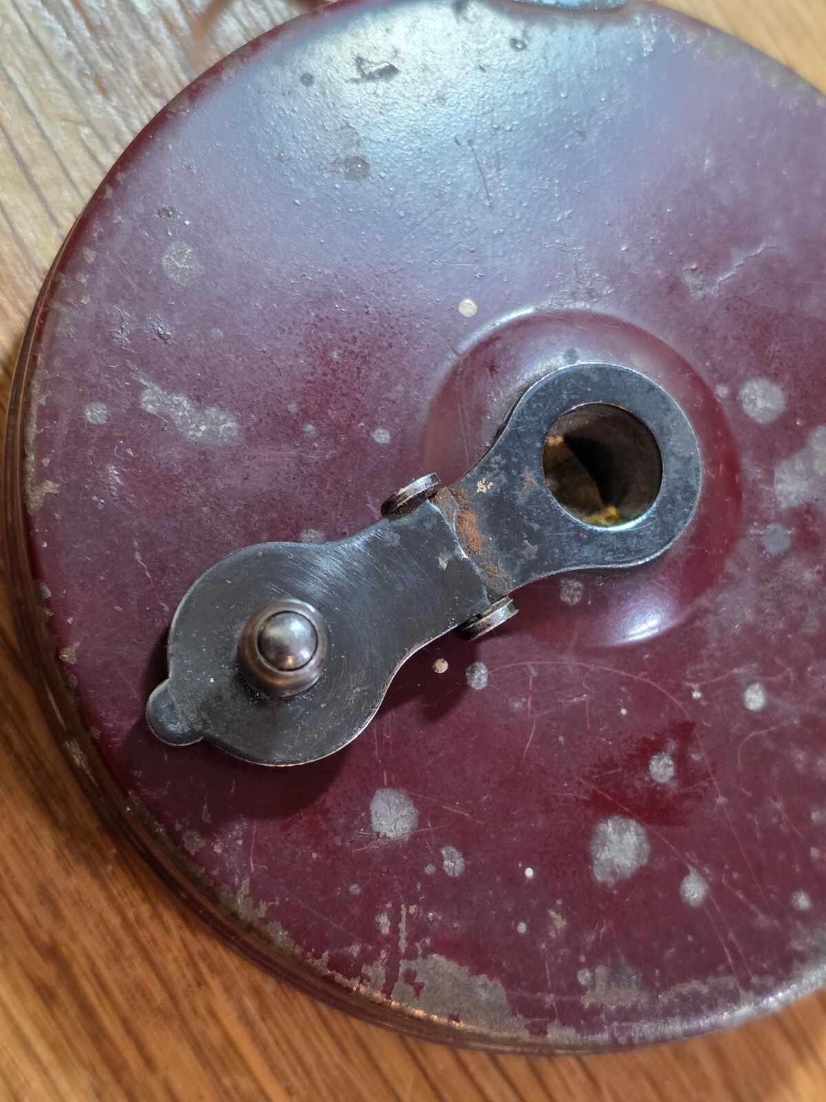Antique Lufkin Linen Tape Measure 50 ft Winding Steel Case Burgundy USA Works