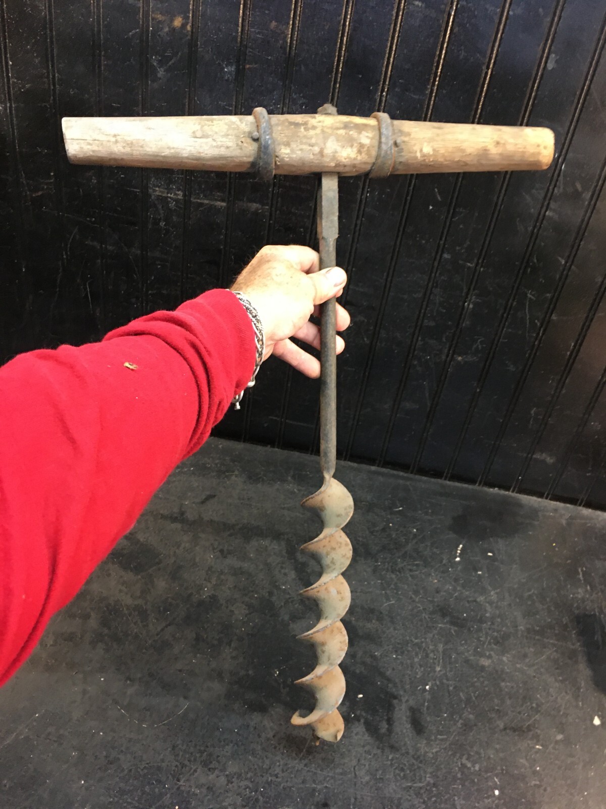 Antique T-Handle Wood Auger Hand Drill From The 1800s LG 2.IN 19IN DEEP SET
