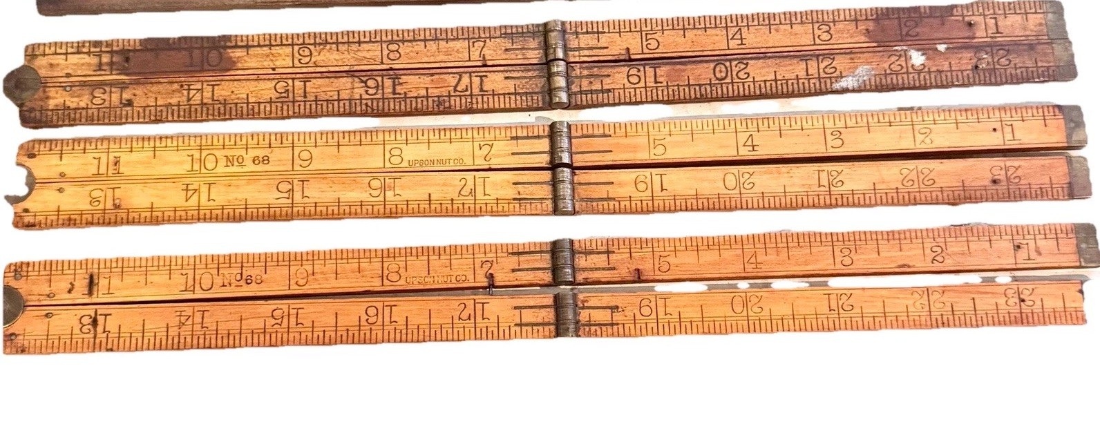 Lot of 3 Antique Upson Nut Co. No. 68 Boxwood Brass Folding Carpenter Rules