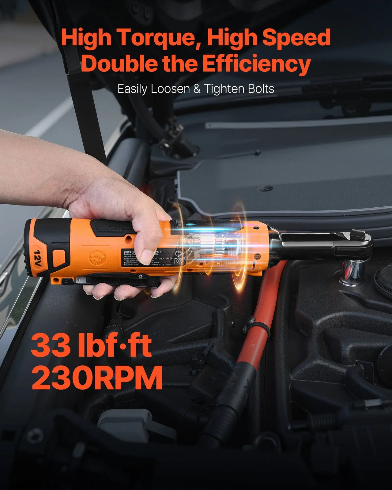 Cordless Ratchet Wrench, 3/8 inch Drive, 230 RPM, up to 33 ft-lbs of Torque, Bat
