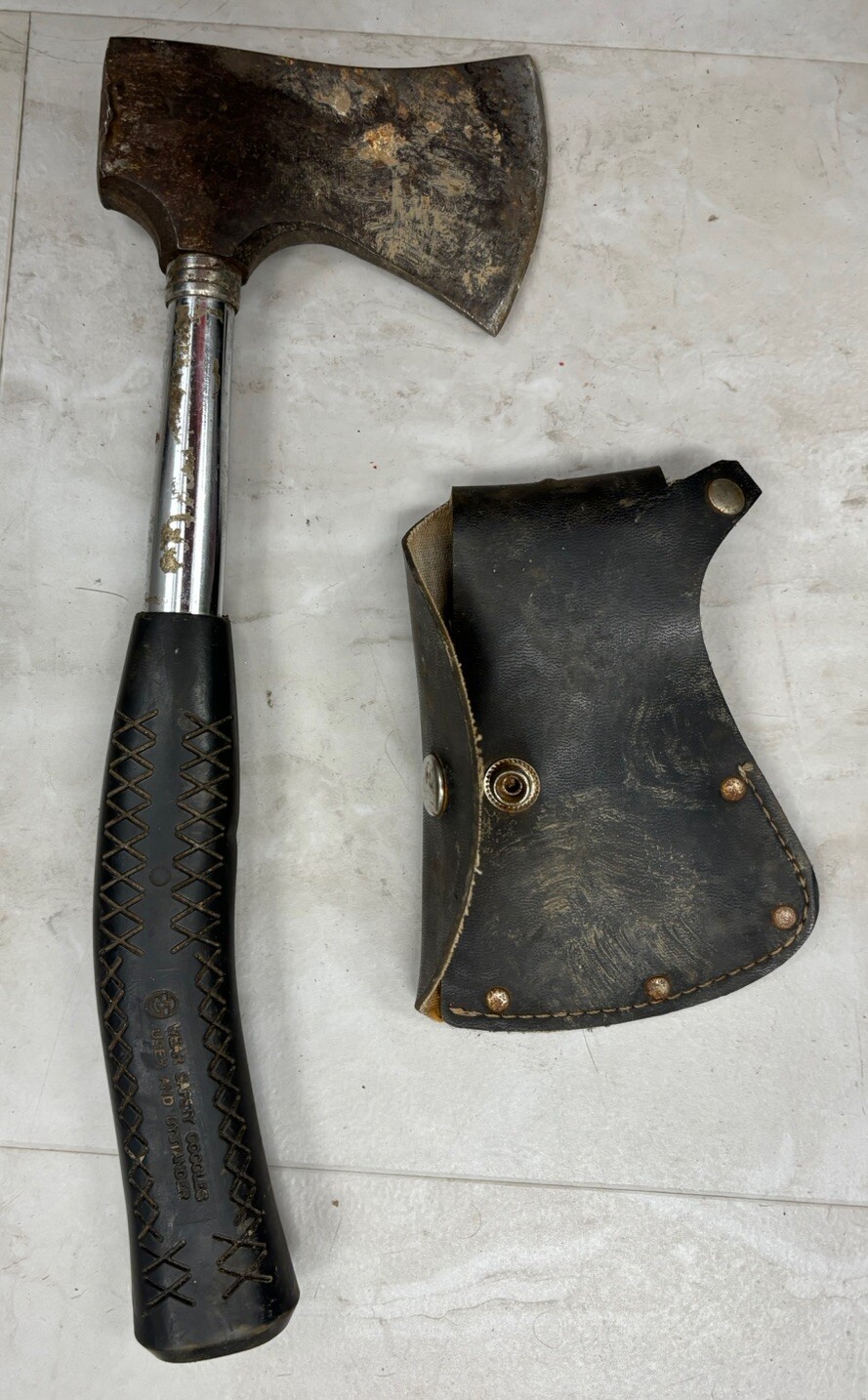 Vintage BenchTop PRO Hatchet with Sheath Camp Axe Curved Chrome Steel Handle