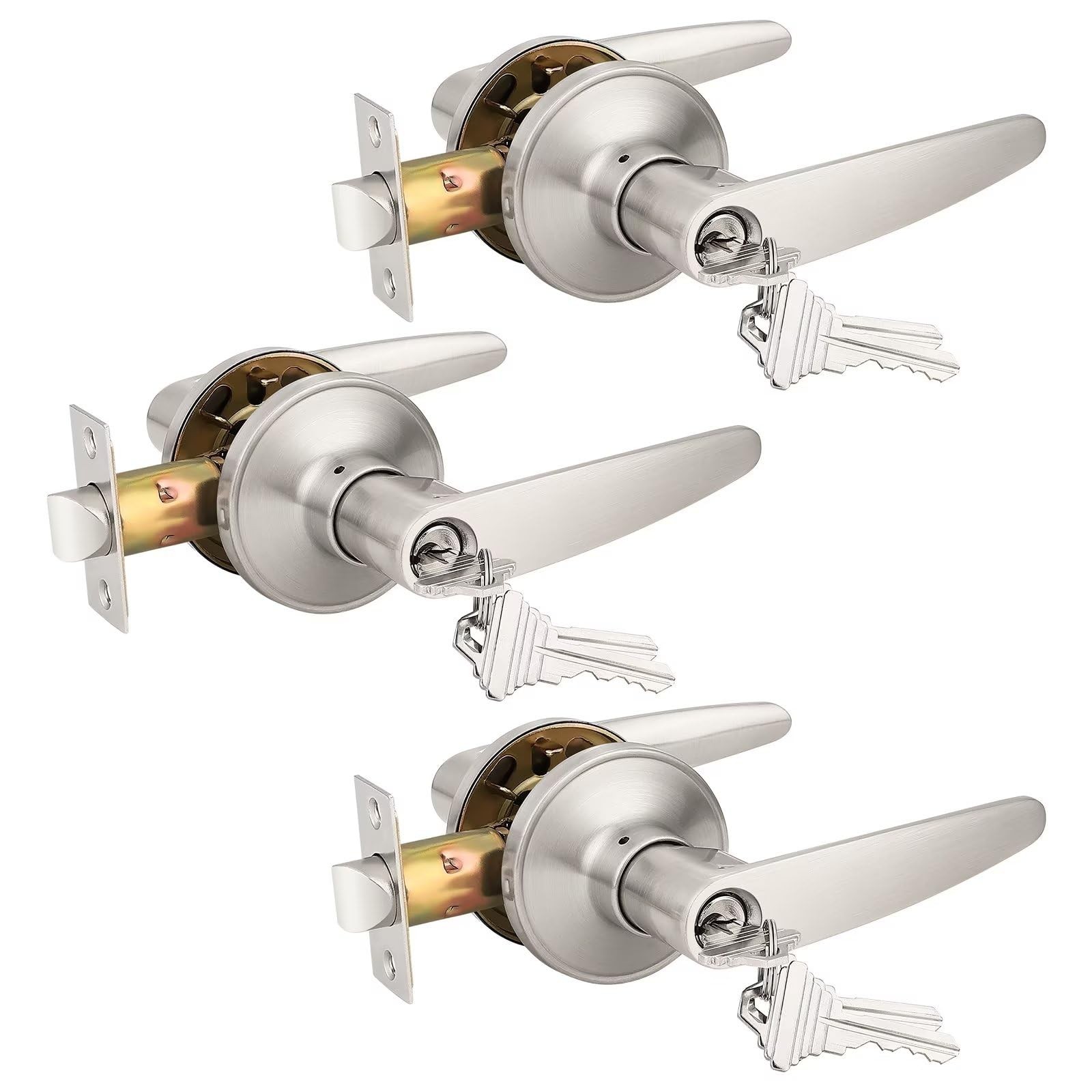 Probrico (3 Pack Keyed Entry Door Lever Lock for Exterior 3, Satin Nickel