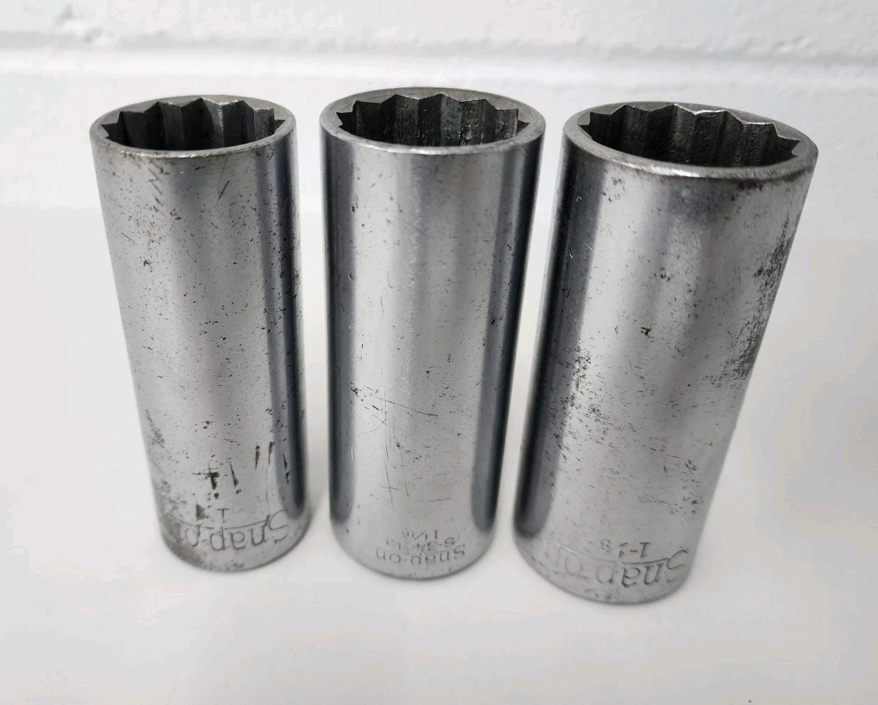 (3) 1930s Snap-on Tools Deep Well Sockets – 1/2″ Drive – 1″ – 1-1/16″ – 1-1/8″