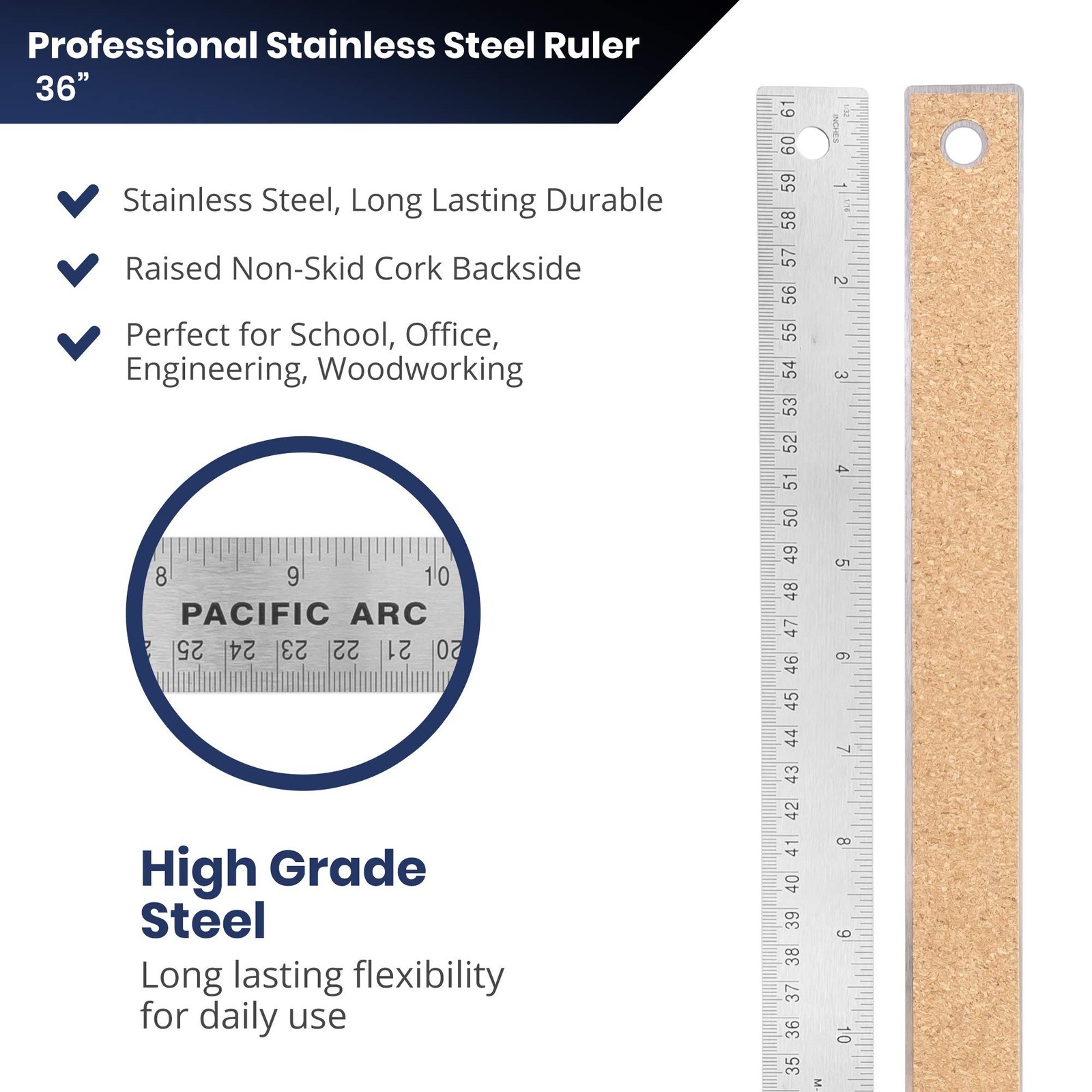 Pacific Arc Stainless Steel 36 Inch Metal Ruler Non-Slip Cork Back, with Inch…
