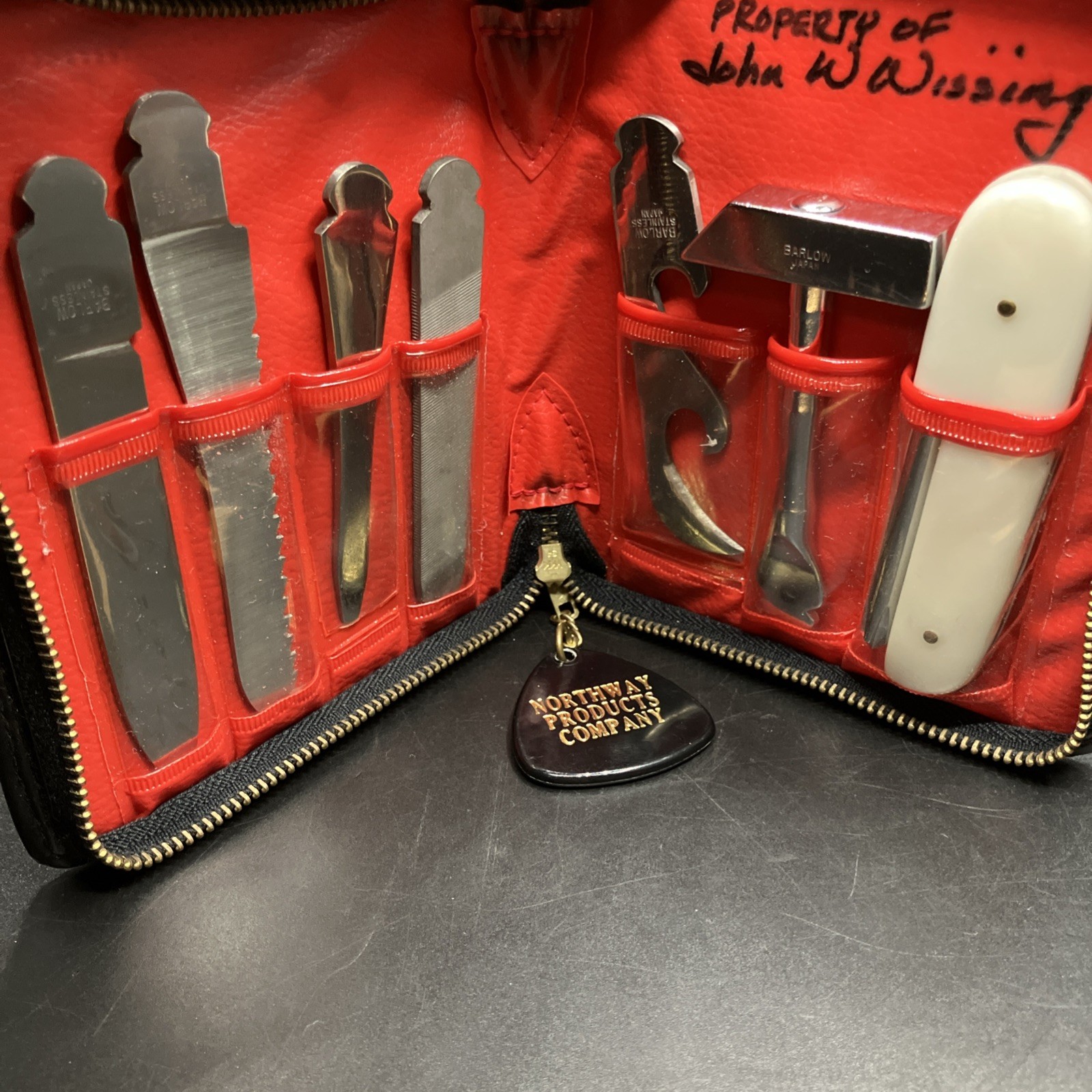 Vintage Travel Multi Tool Kit in Black Zippered Case Knife File Blade Saw Hammer