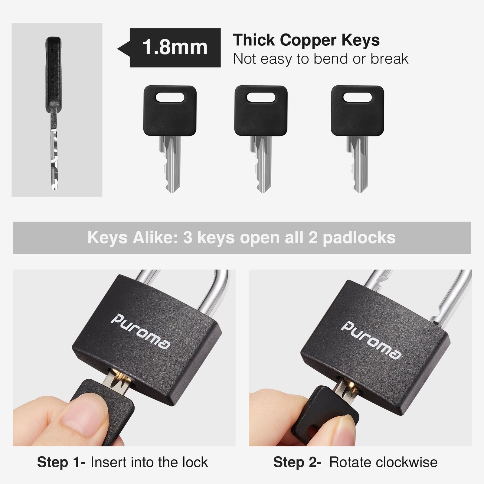 Puroma Lock Keyed Padlock, 2 Pack Aluminum Locks with 3 Keys 1.1 Inch, Black