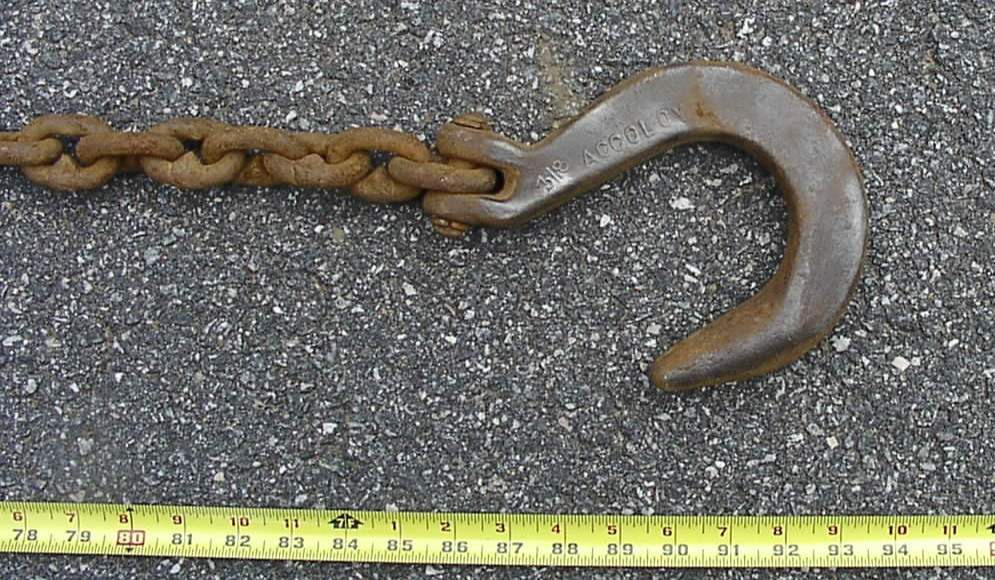 Vntg 7’10” Tow Chain,Logging,Lifting W/2 Slip Hooks &Yoke,”V” Pattern 3/8″ Links