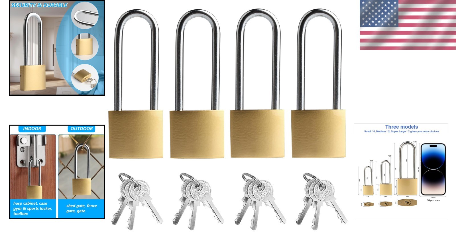 4 Pack Waterproof 3.4 Inch Brass Padlocks – Ideal for Home & Storage