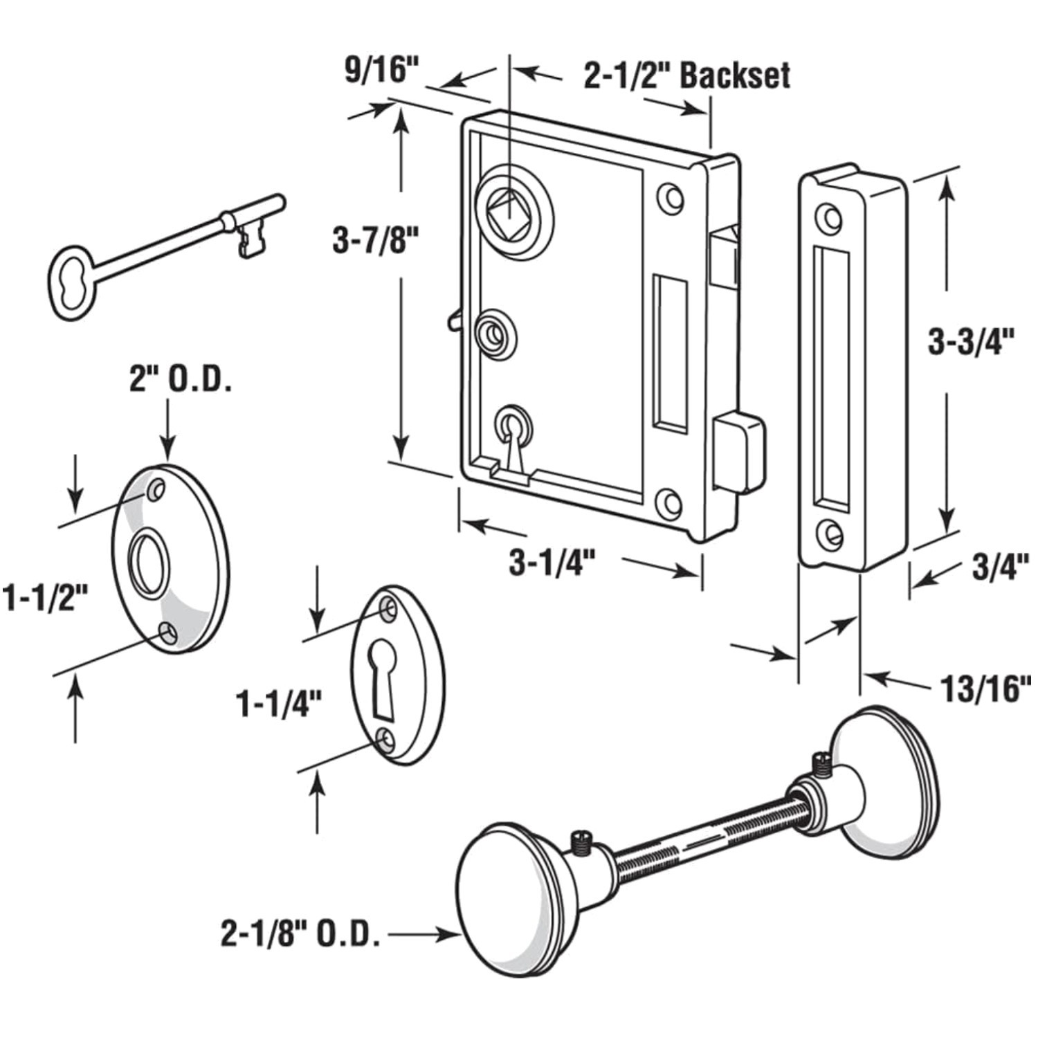 Antique Door Lock – Cast Steel, Brass Knobs – 2-1/2” Backset~-