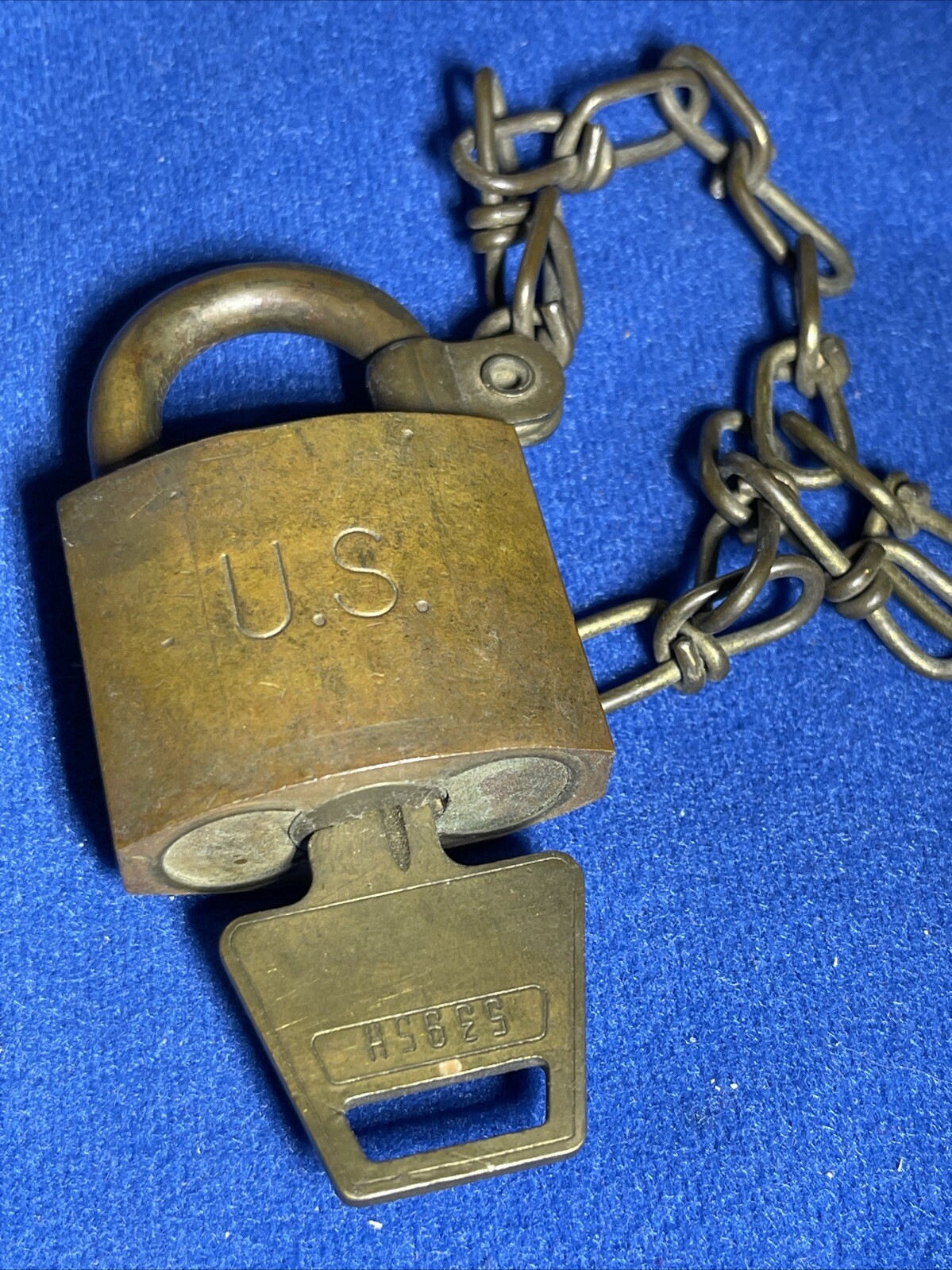 Vintage American Lock Company U.S. Military Brass Padlock w/ Key + Chain WORKS!