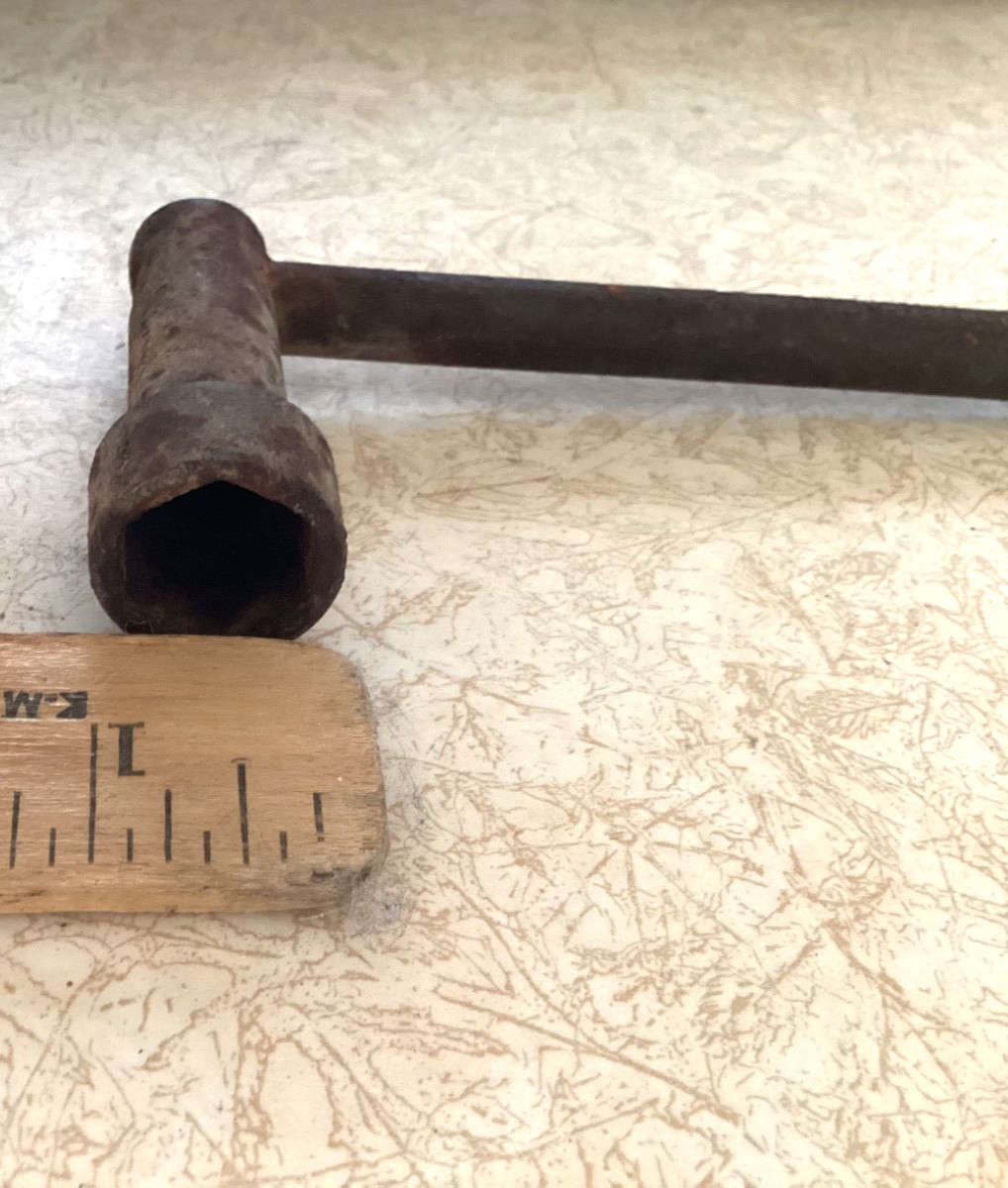Four Vintage tools, Walden Worchester speeder, flywheel cap screw wrench, crank