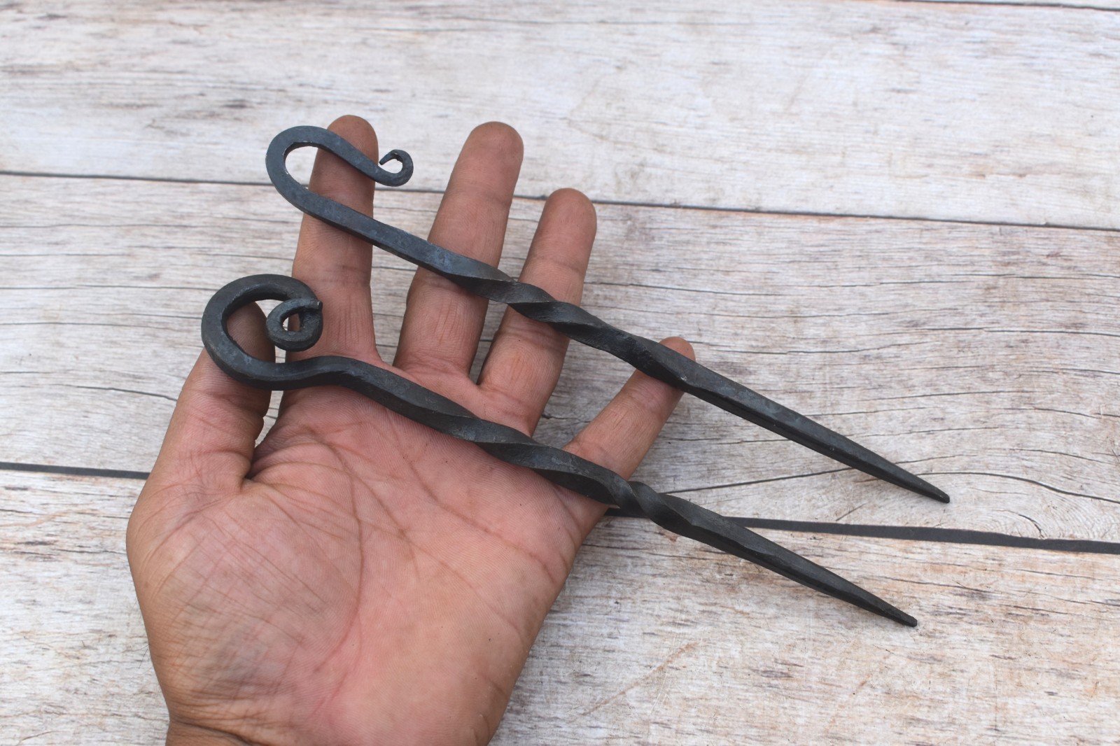 Vintage Type Blacksmith hand forged iron twisted spiral Viking Hair Stick 2 pcs