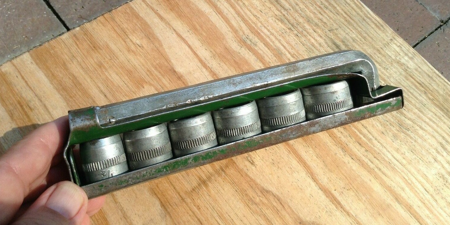 Rare antique Duro Metal Products 1/2″ HEX DRIVE ell bar 12 pt socket wrench set