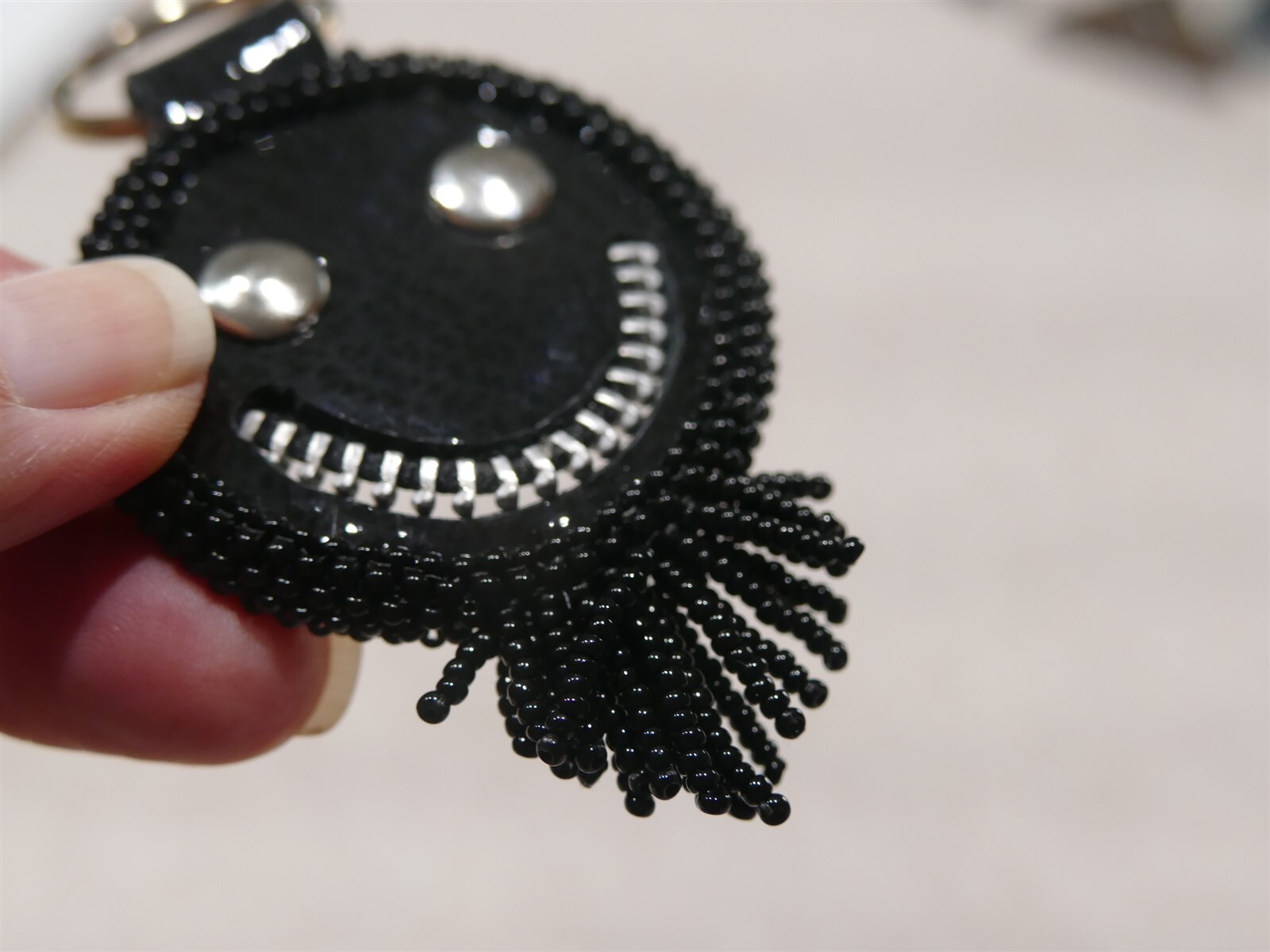 Creative Black Leather Double Happy Face Keychain Beaded Beard ~ Handmade 1 of 1