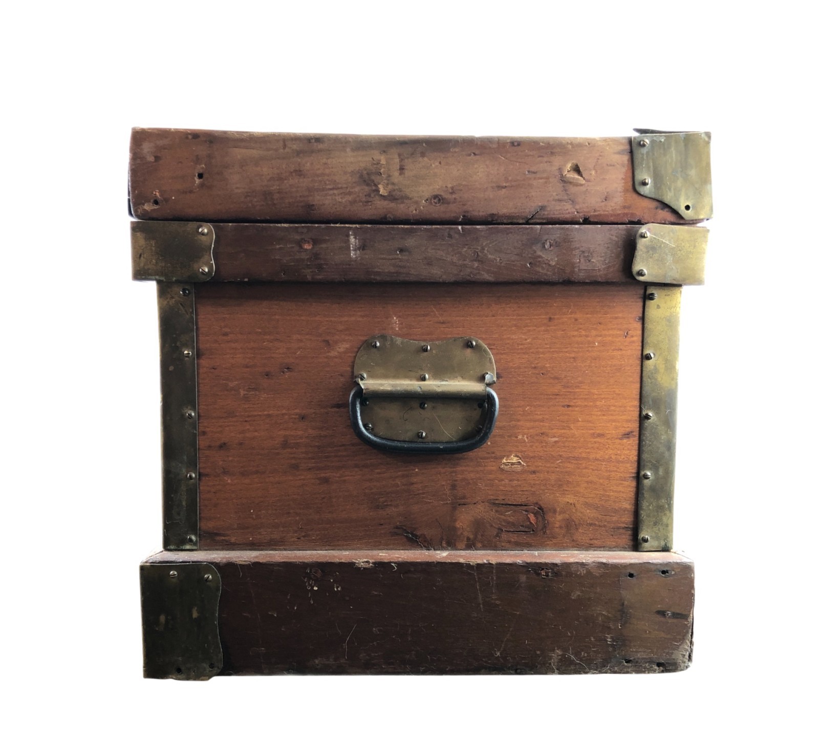 Antique Carpenters Tool Chest Rustic Wood Trunk Brass Corners 15 x 15 x 35″