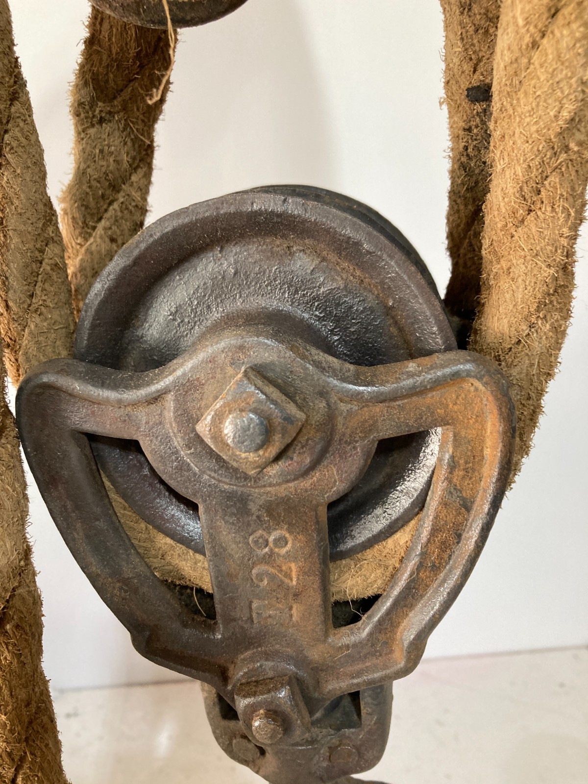 Antique Cast Iron Block & Tackle Double Pulley Set w/ Rope, & Working Rope Lock
