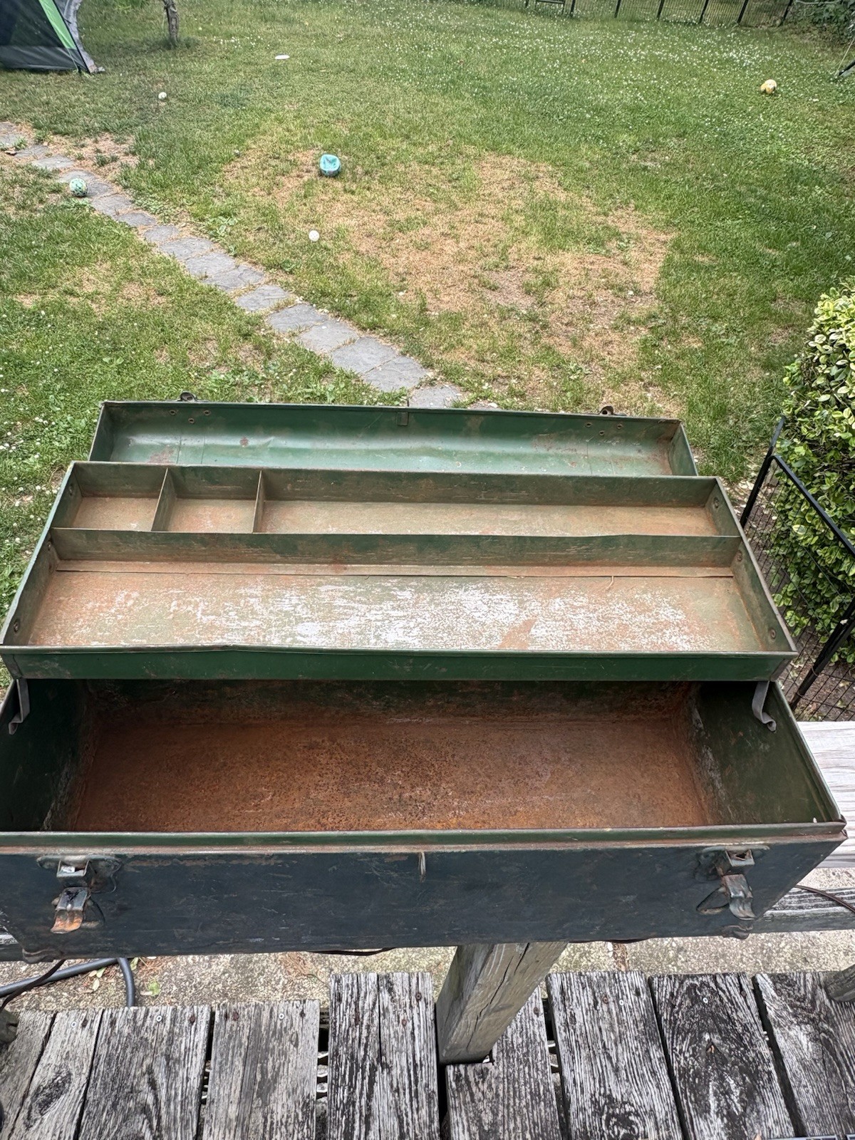 Vtg Green metal Tool Box Chest Hinged Tray 22”Long X 8”x 9”Ht.Unbranded