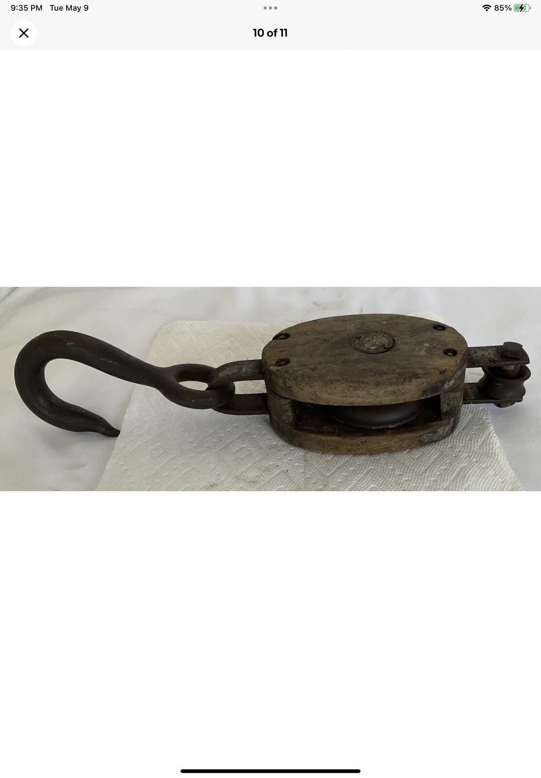 Vintage U-W Antique Farm Equipment Wooden Block Tackle Pully Hook /Great Display