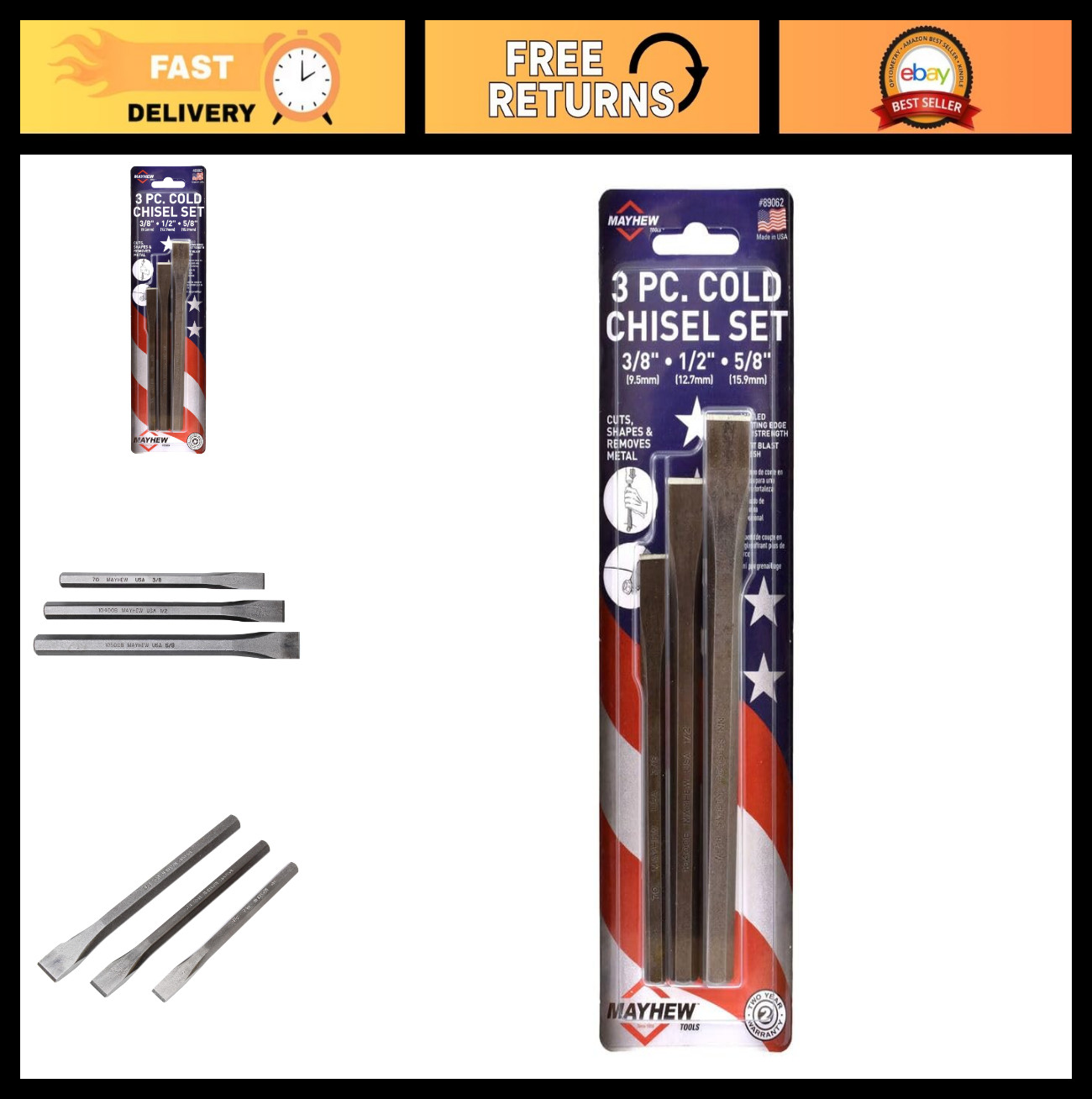 3-Piece Cold Chisel Set – Durable Steel, Precision Cutting Tools for Metalwork