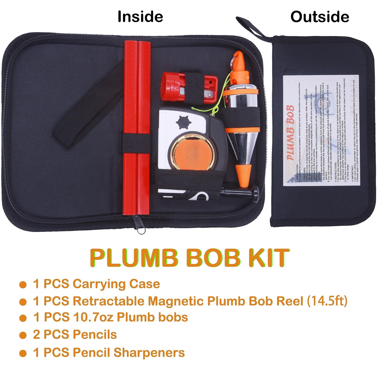 Plumb Bob Magnetic Plumb Rite W/ 14.5′ String Sharpener 2 Pencils Line Reel
