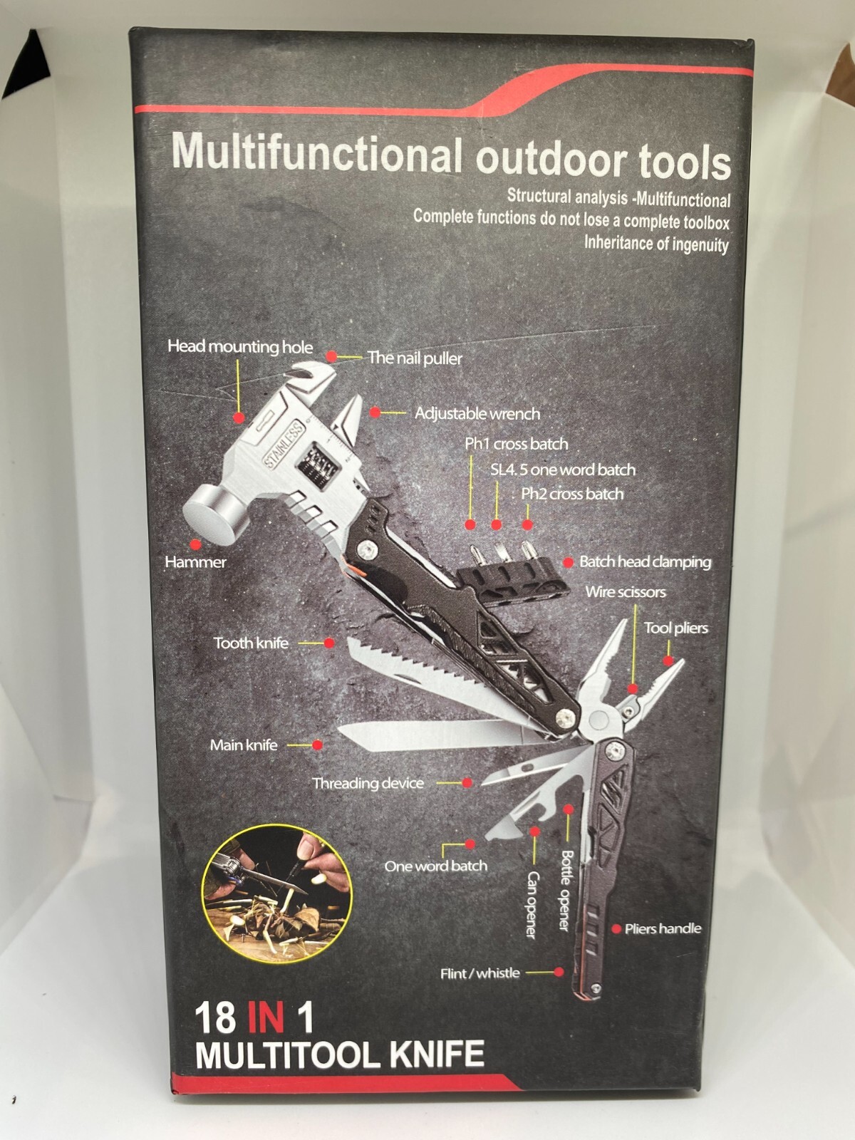 18 in 1 metal folding tool . for multipurpose use . easy to use.