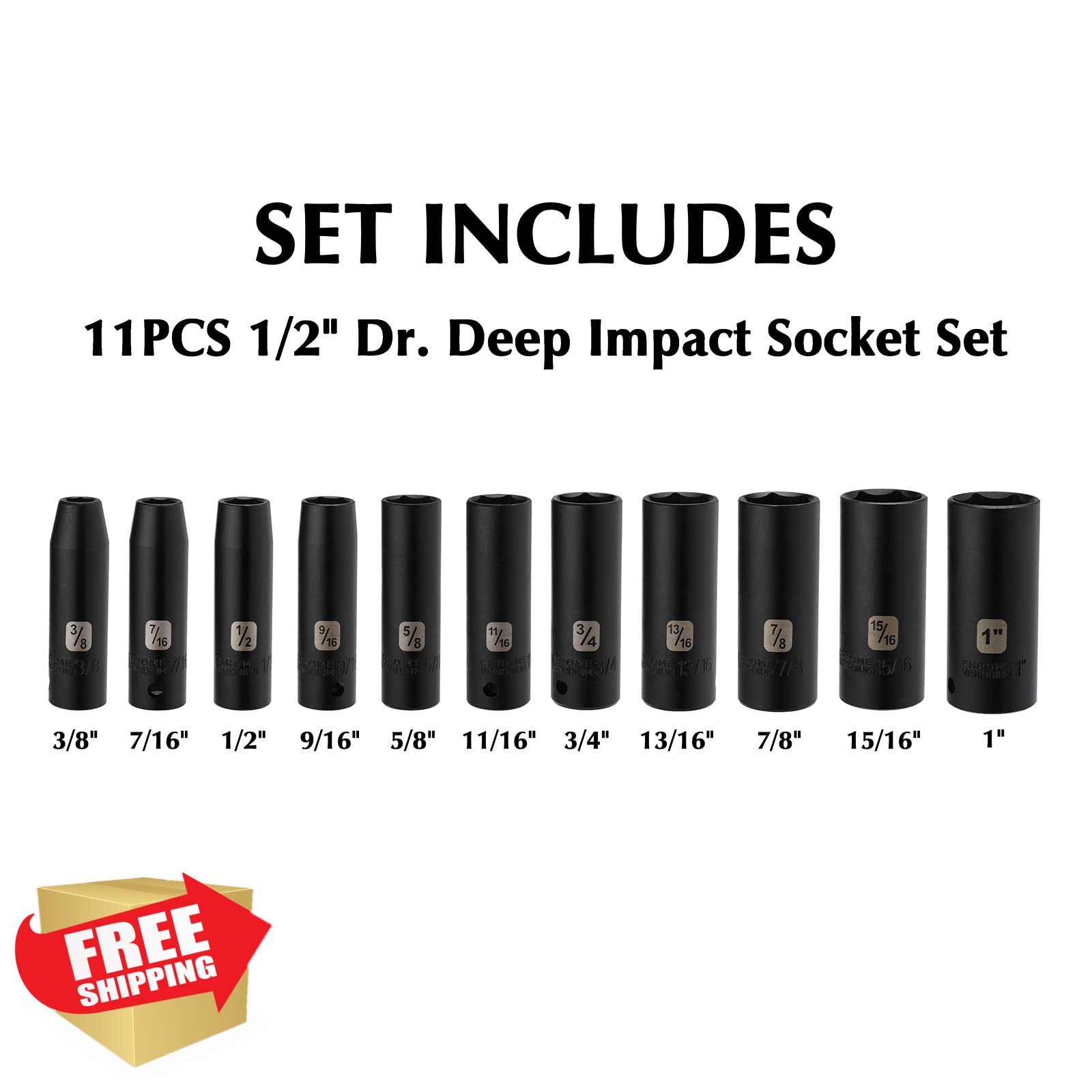EMENTOL 11PCS 1/2″ Drive Deep Impact Socket Set SAE 3/8-1 Inch