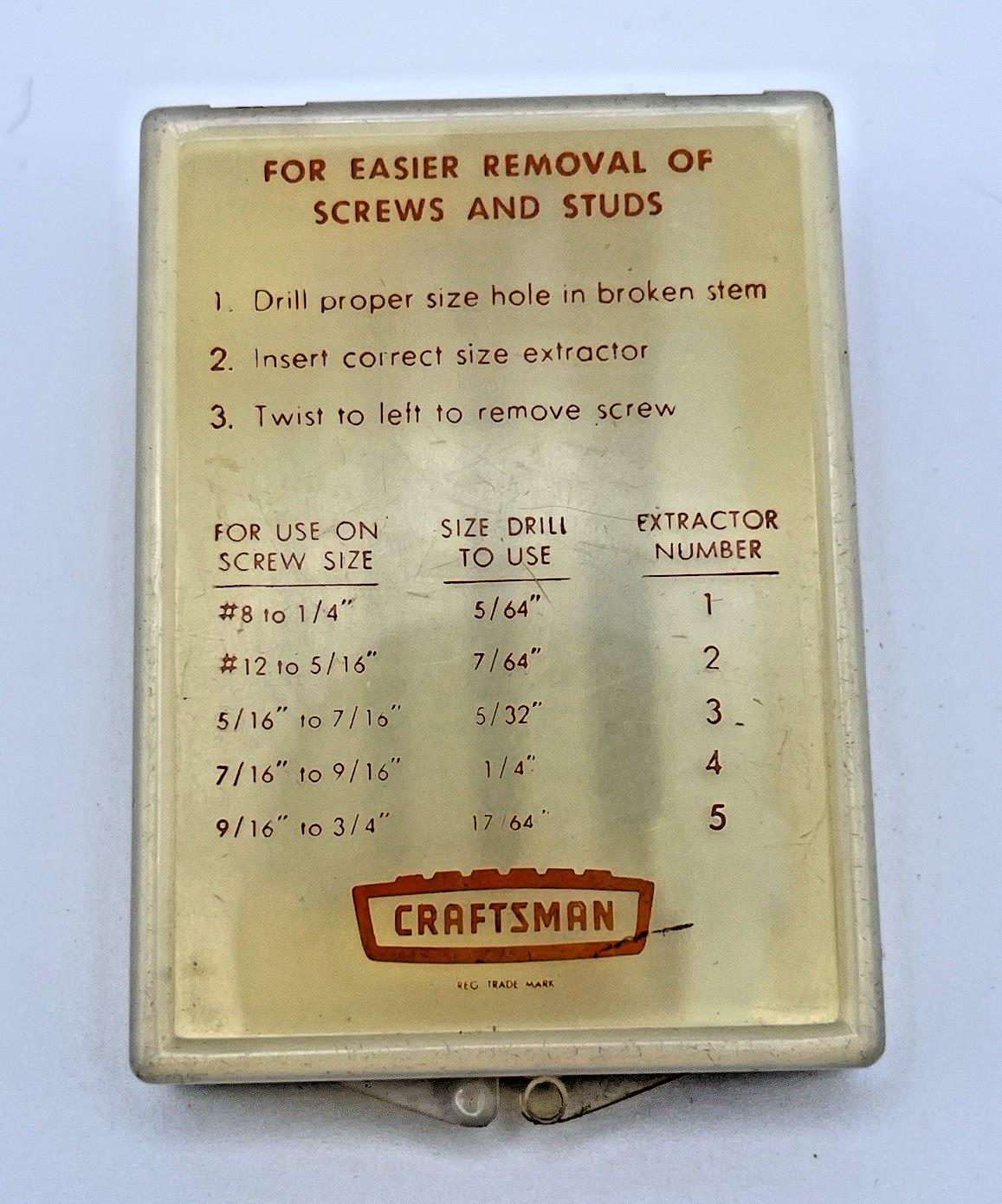 VINTAGE SEARS CROWN LOGO CRAFTSMAN 67372 5 Piece Screw Extractor Set MADE IN USA