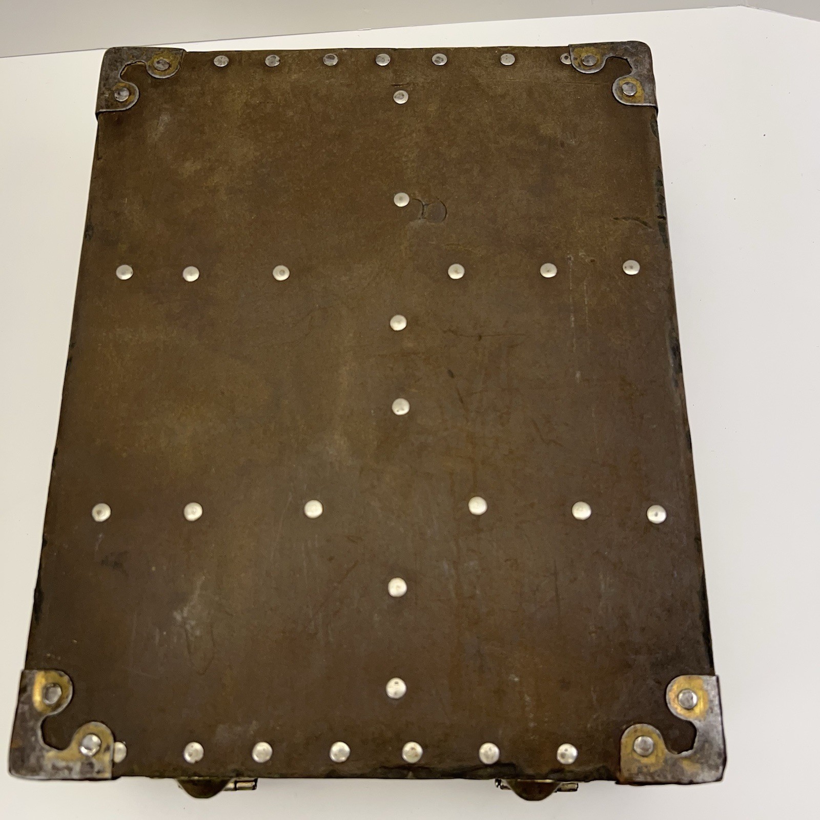 Vtg SALESMAN SAMPLE CASE Antique Metal Travel Box Leather Industrial Tools Decor