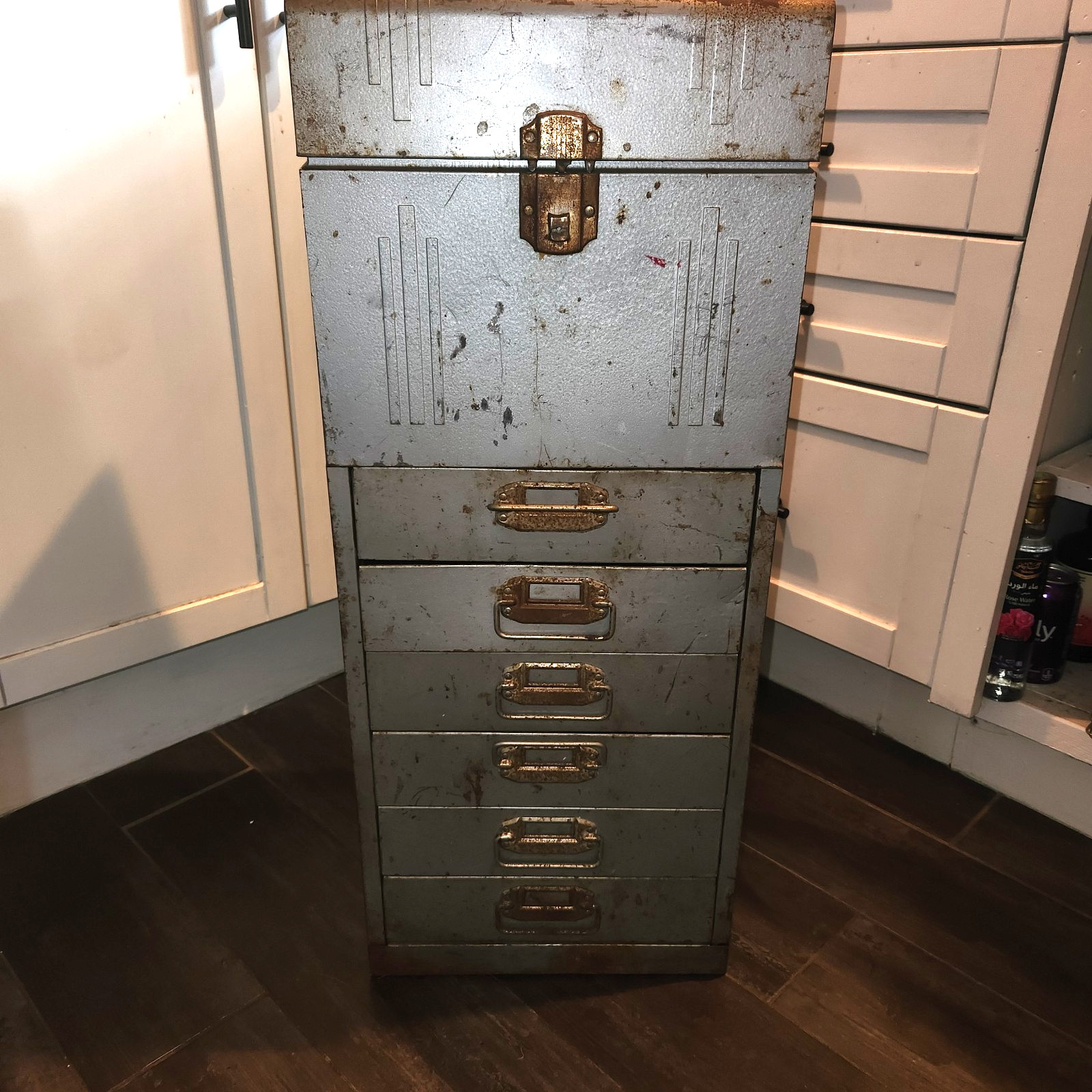 Vintage 6-Drawer Metal Industrial Filing Tool Cabinet Gray Steel Hinged Lid
