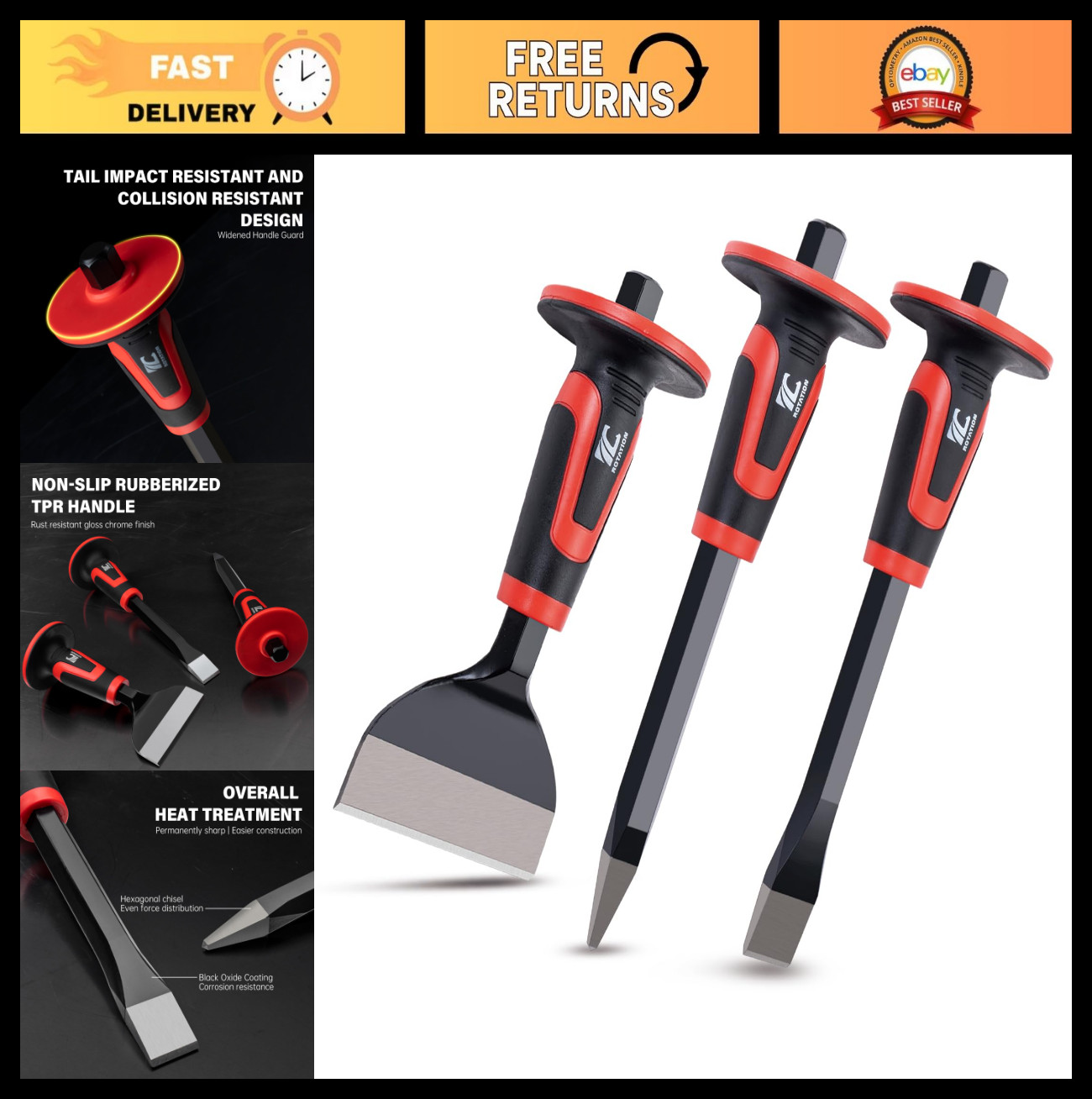 3PC Heavy Duty Masonry Chisel Set | 11″ Point & Flat, 8″ Brick Chisel for Stone,