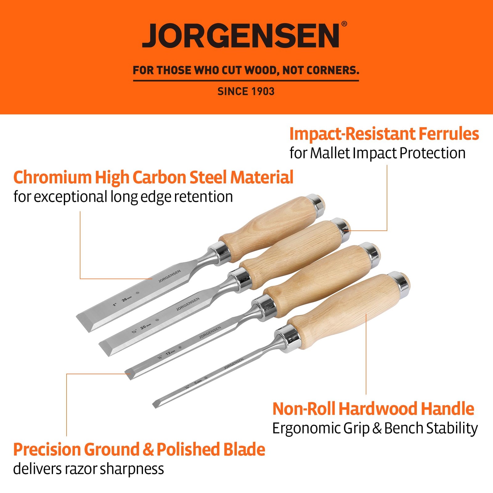 Jorgensen 4Piece Wood Chisel Set, Chromium Alloy Steel Beveled Edge Wood Chis…