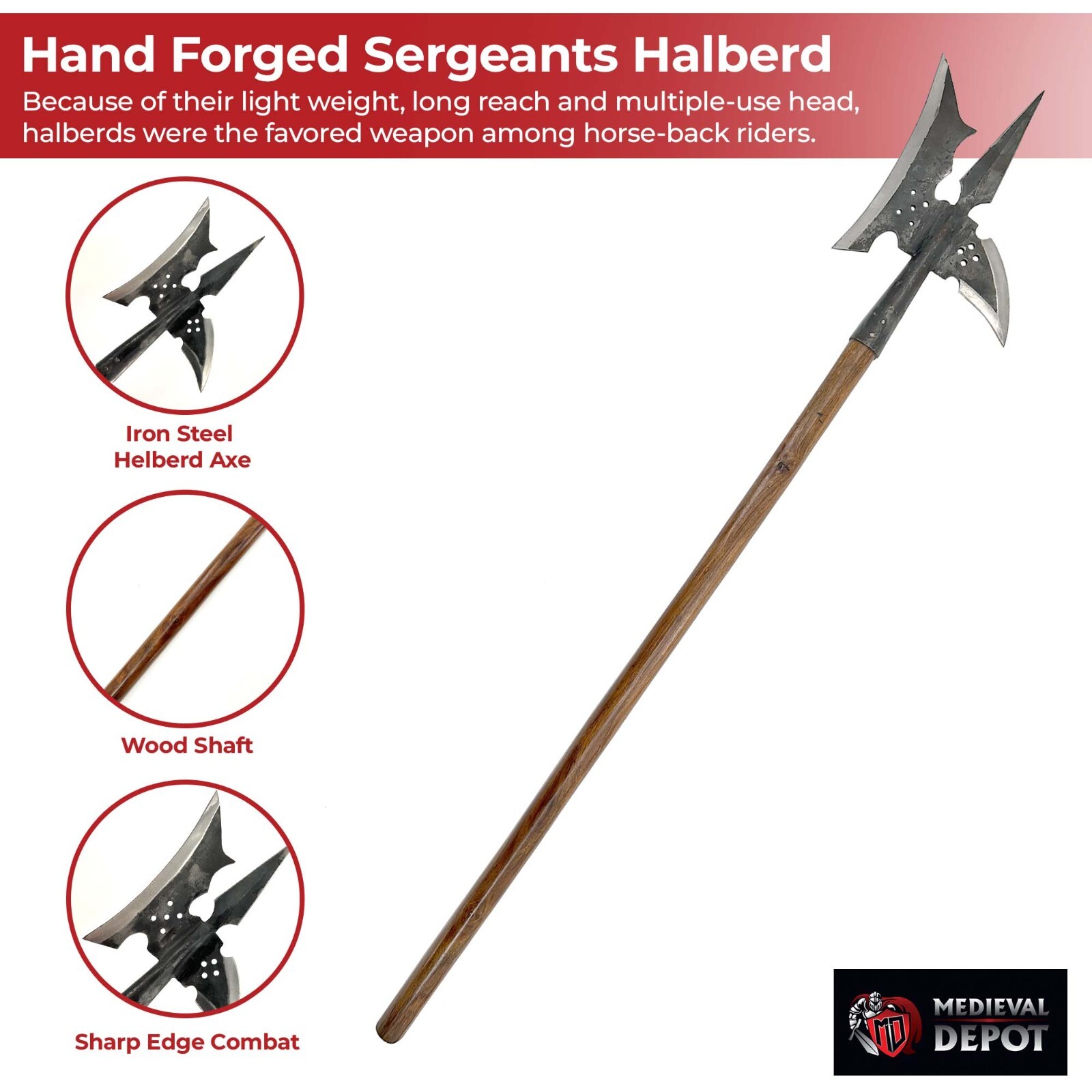 18TH CENTURY MEDIEVAL HAND FORGED CROSS HALBERD SERGEANTS WITH WOODEN HANDLE Axe